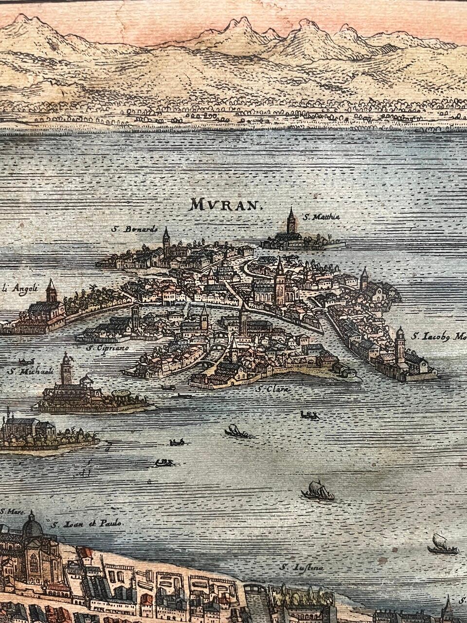 Wood 17th Century Hand Colored Prospect Map of Venice Engraving