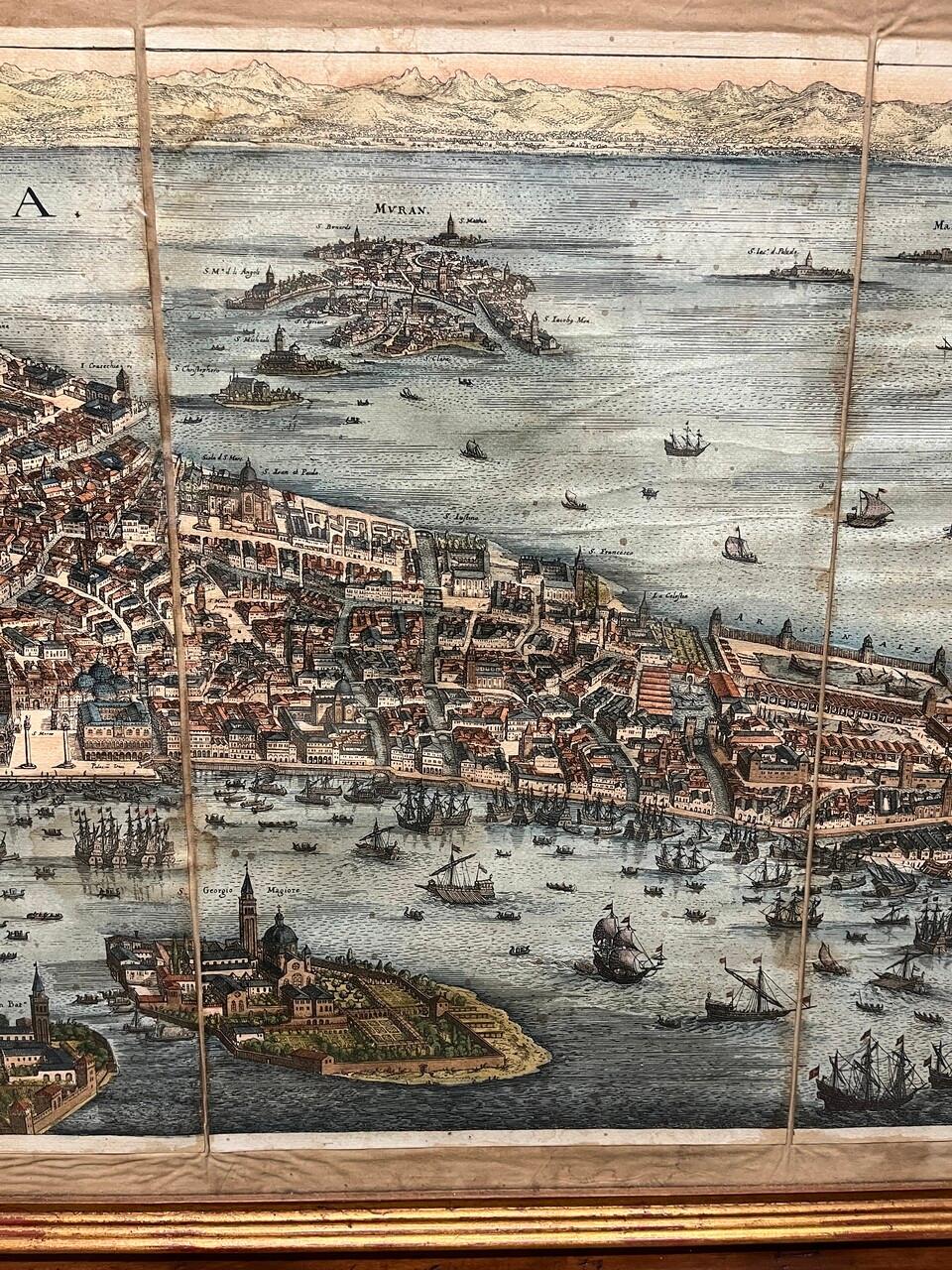 17th Century Hand Colored Prospect Map of Venice Engraving 1