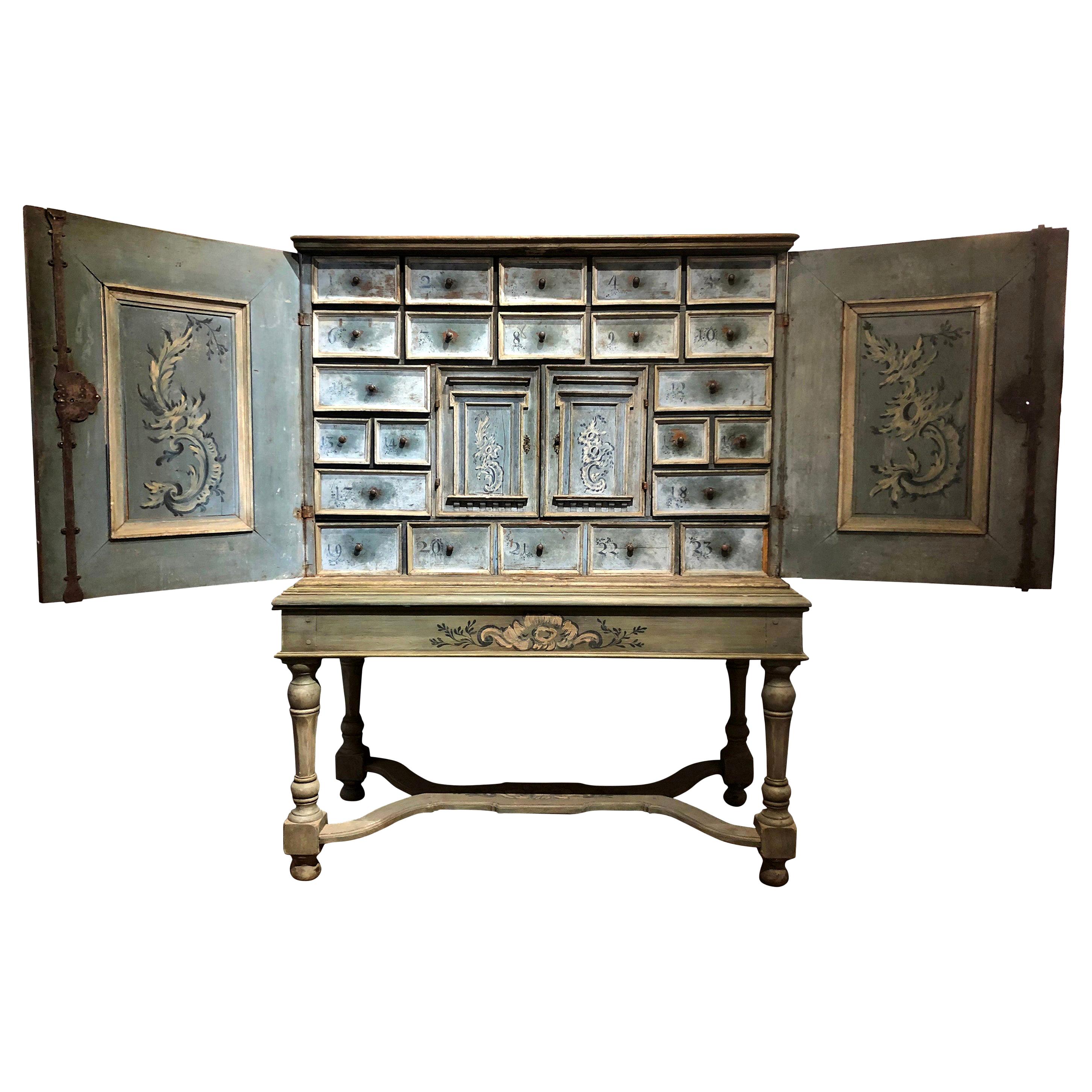 17th Century Hand Painted Blue Swiss Baroque Multi-Drawer Cabinet of Curiosity