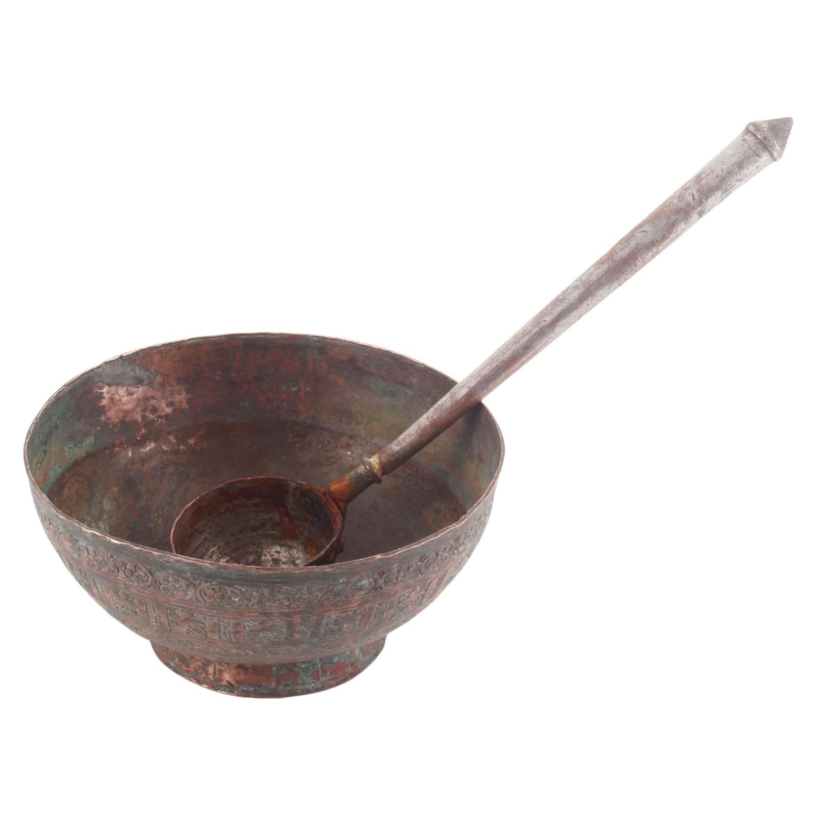 17th century heavy copper bowls with ladle covered with tin, handmade
fascinating, antique objects for collectors. The bowl is widely engraved by hand.