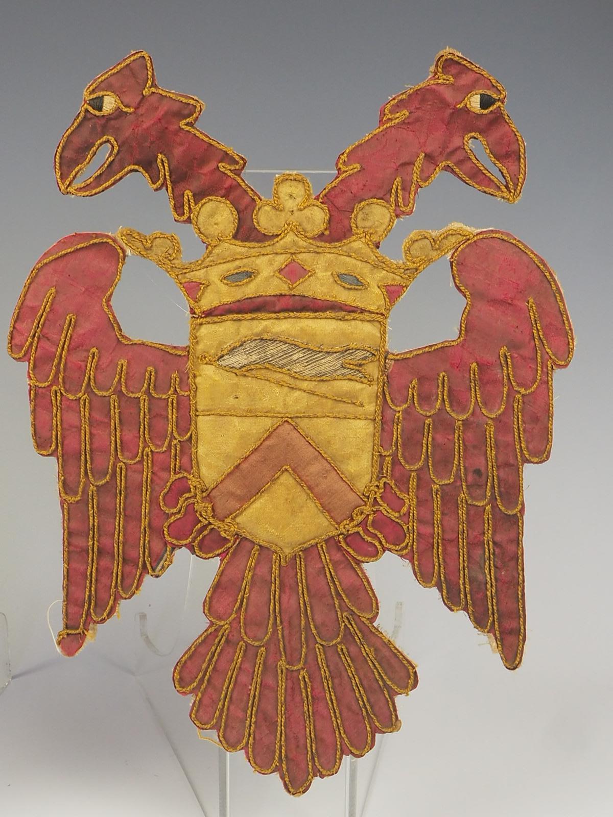 17th Century Heraldic Coat of Arms Double-headed Baroque Eagle Embriodered Appli In Good Condition For Sale In Lincoln, GB