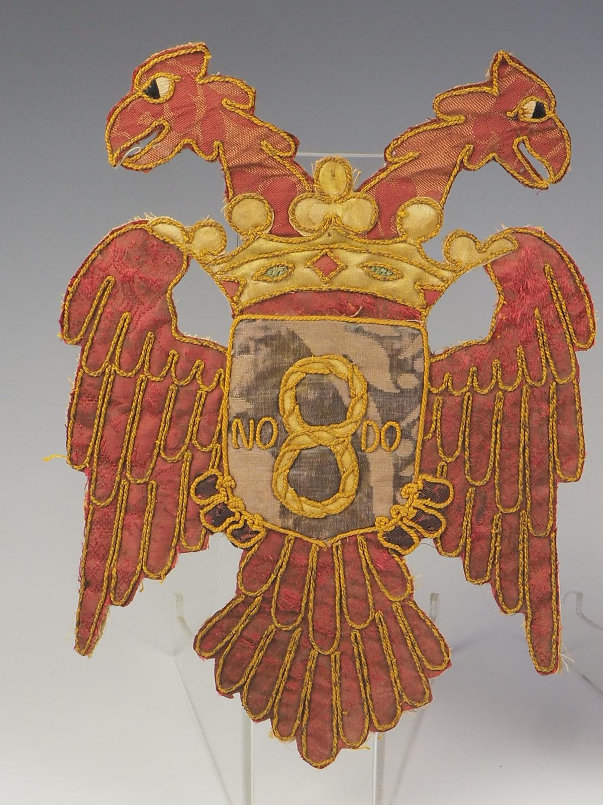 18th Century and Earlier 17th Century Heraldic Coat of Arms Double-headed Baroque Eagle Embriodered Appli For Sale