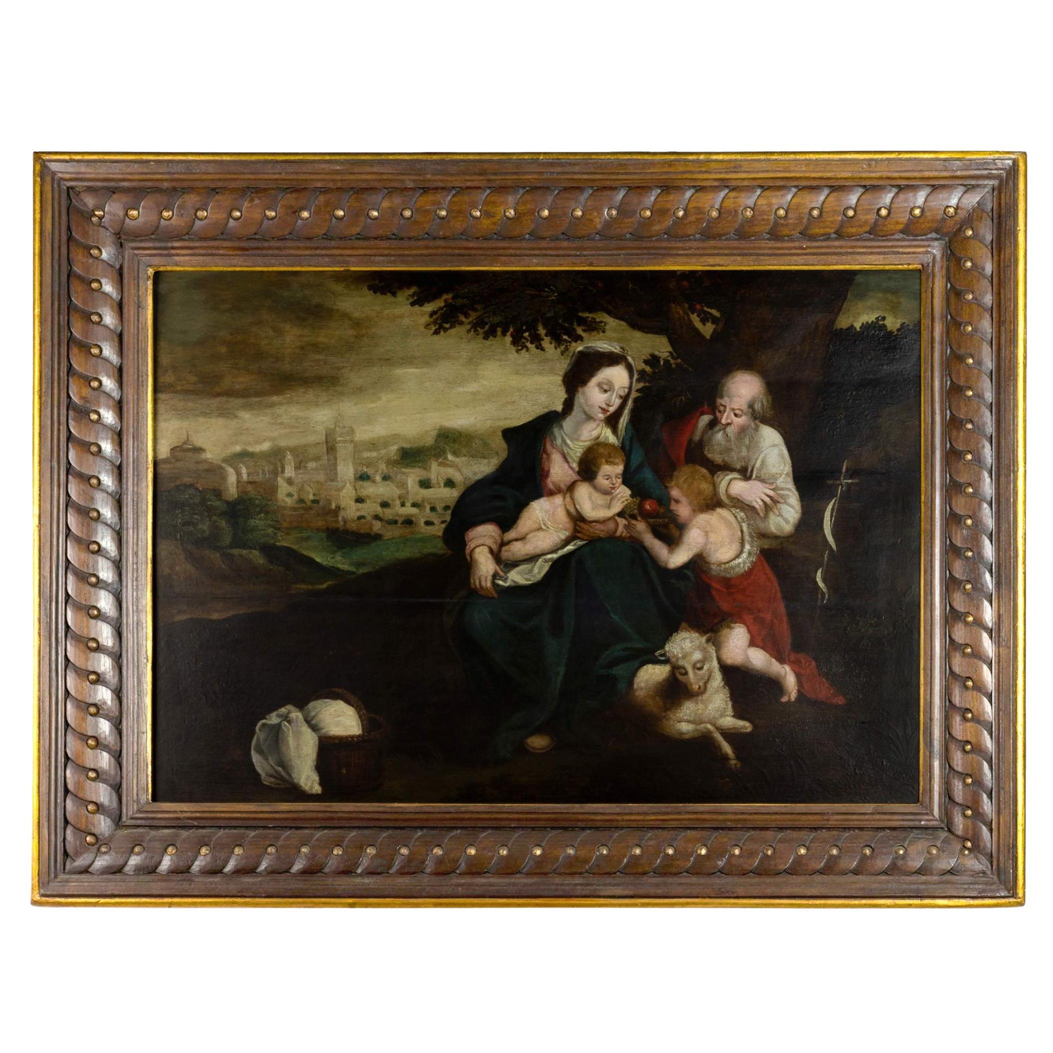 Peinture religieuse à l'huile sur panneau du 17e siècle, Sainte Famille St John Johns en vente