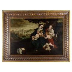 17th Century Holy Family St John The Baptist Religious Oil on Panel Painting
