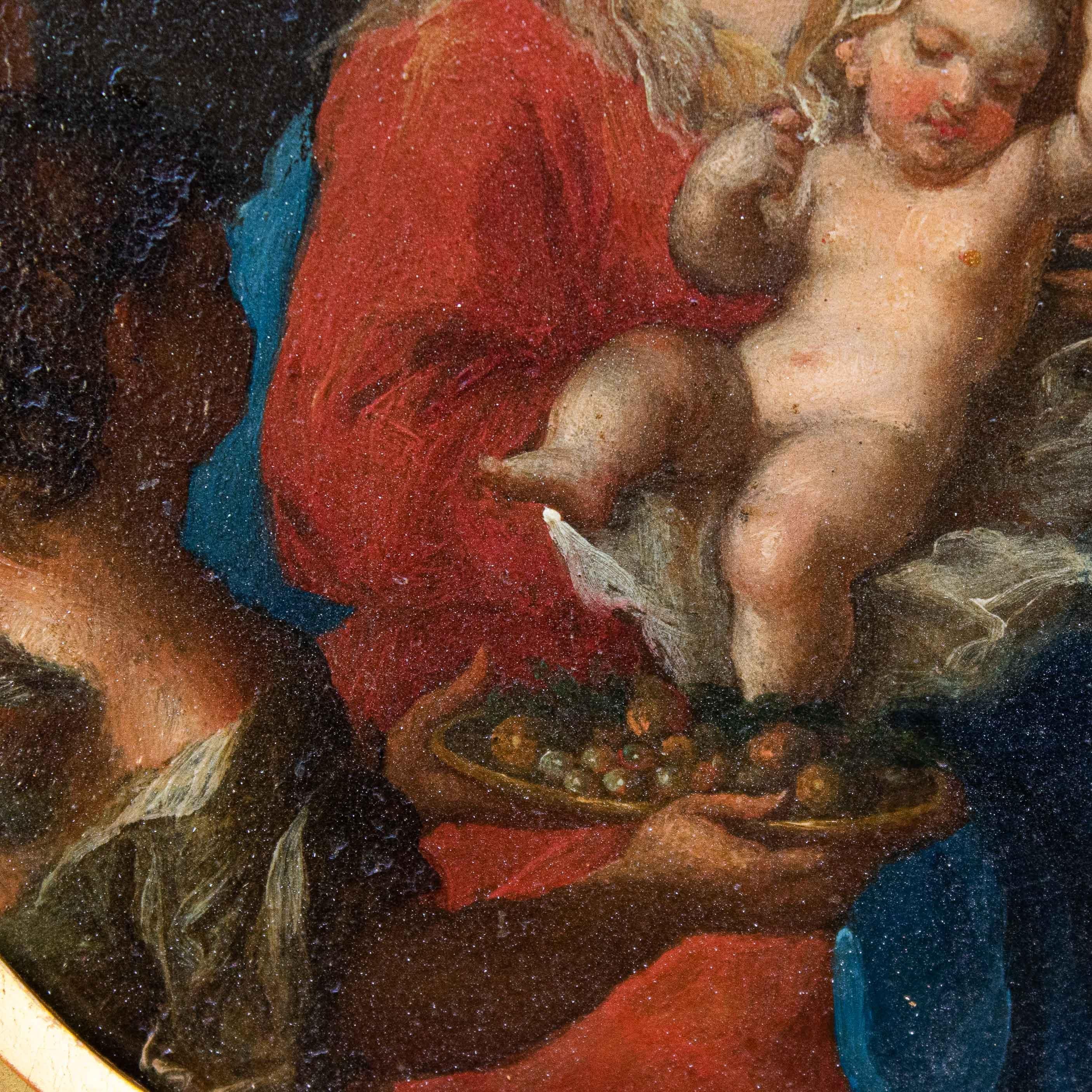 Italian 17th Century Holy family with angel Painting Oil on oval copper