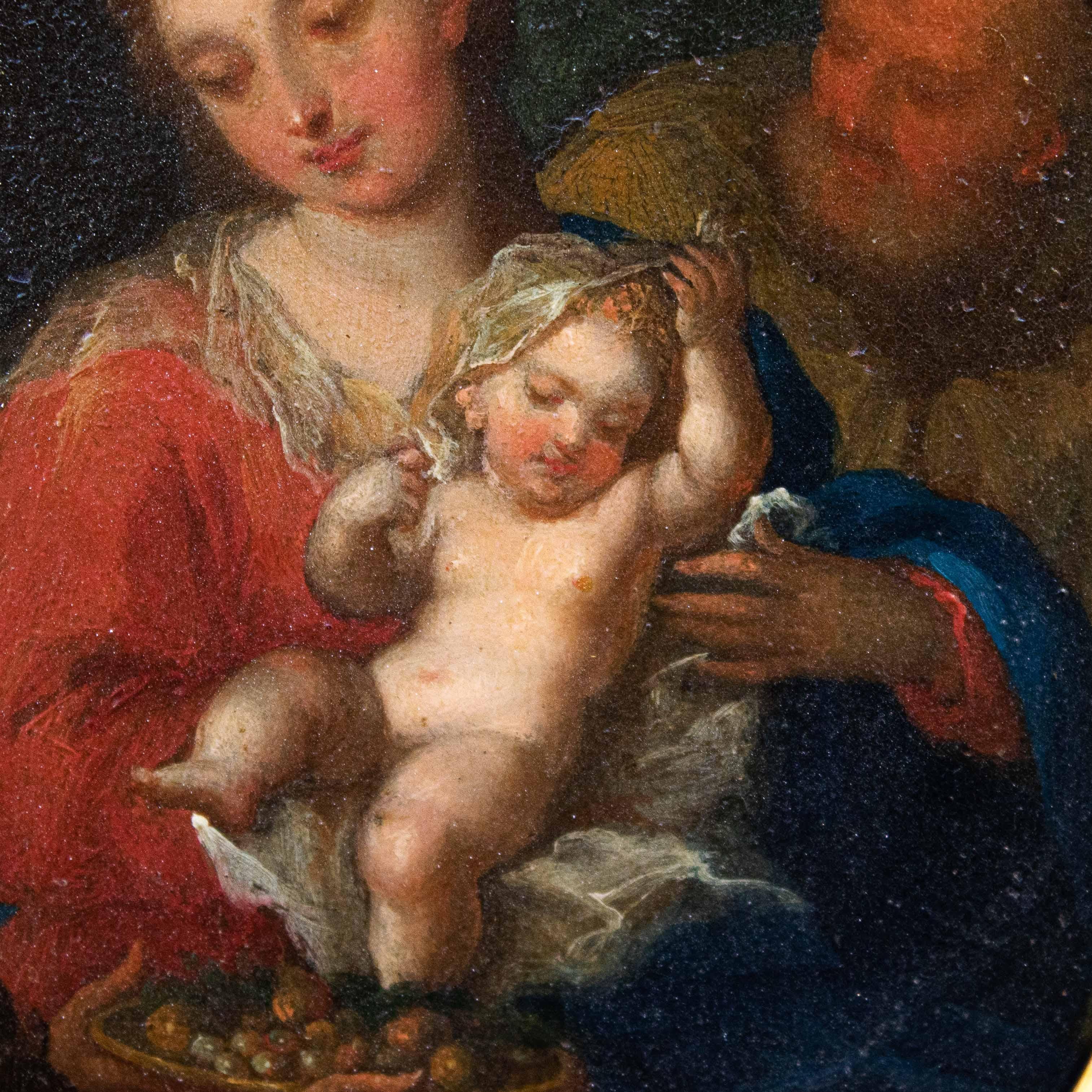 Oiled 17th Century Holy family with angel Painting Oil on oval copper