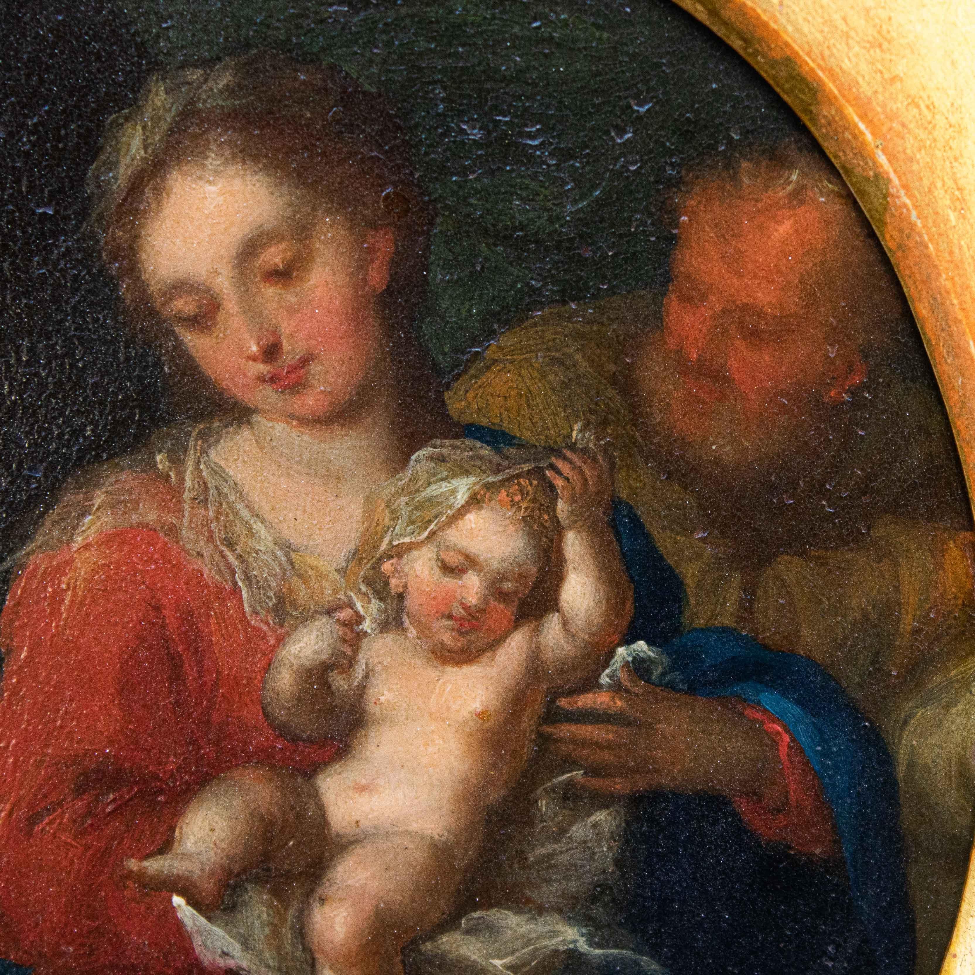 17th Century Holy family with angel Painting Oil on oval copper In Good Condition In Milan, IT