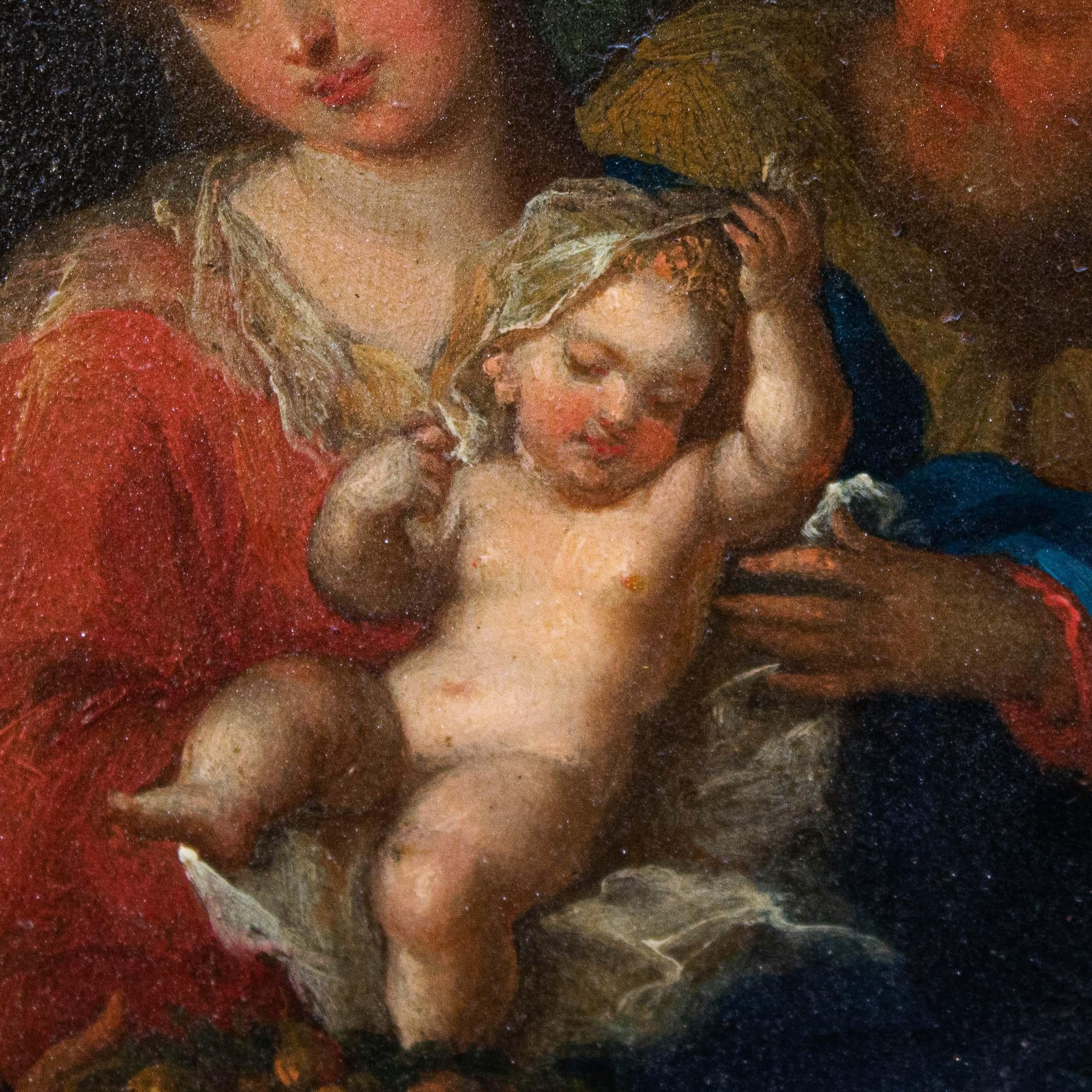 18th Century and Earlier 17th Century Holy family with angel Painting Oil on oval copper