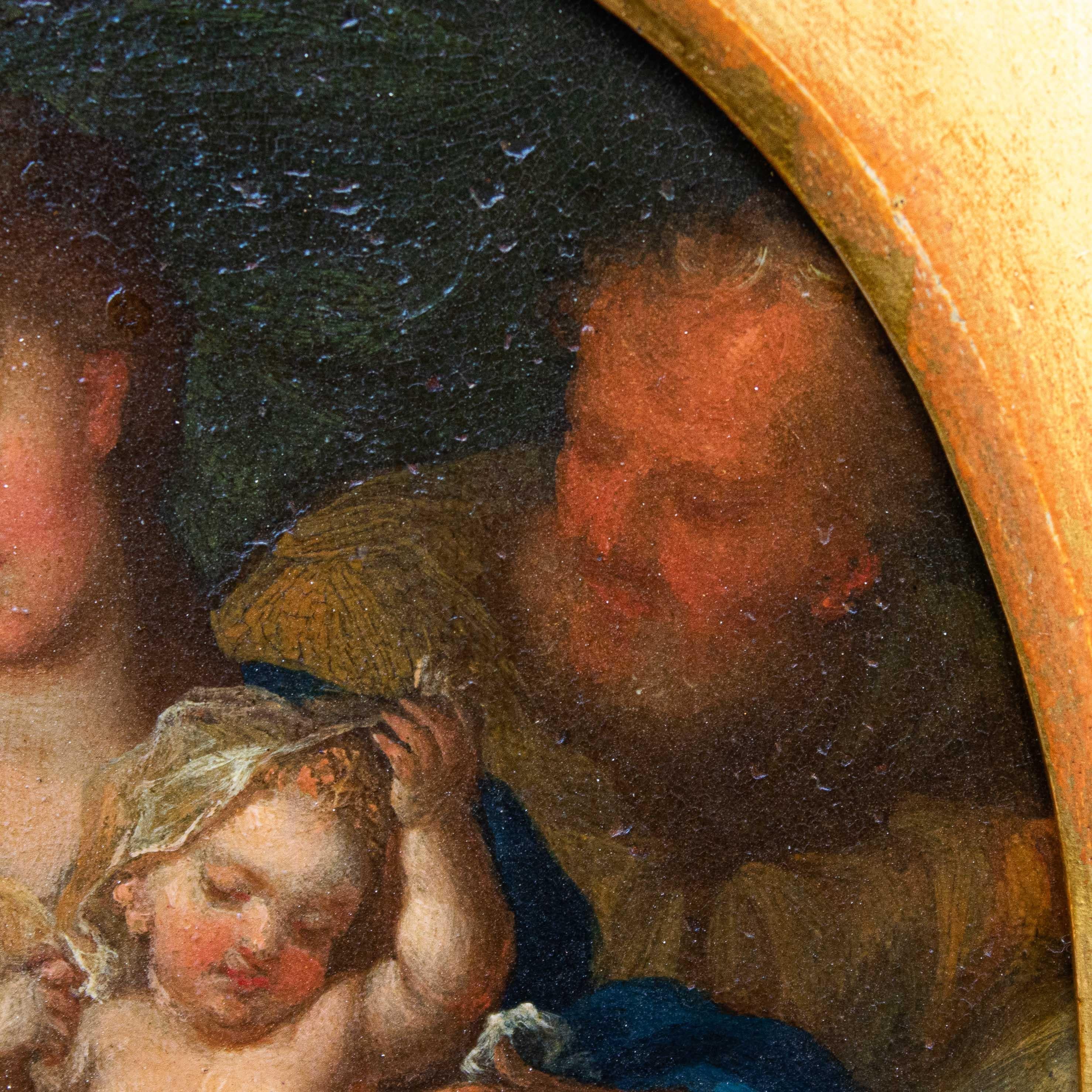 17th Century Holy family with angel Painting Oil on oval copper 1