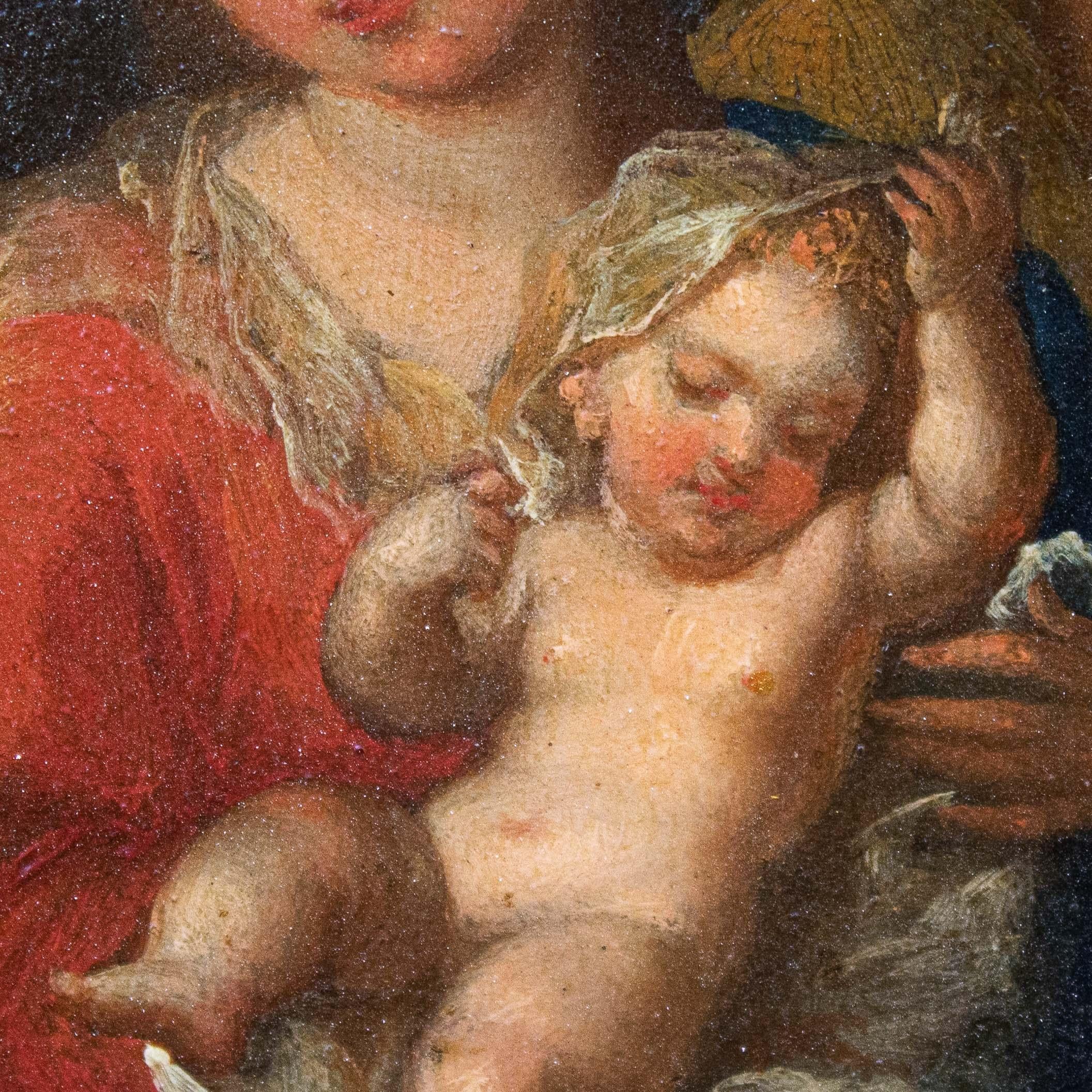 17th Century Holy family with angel Painting Oil on oval copper 2