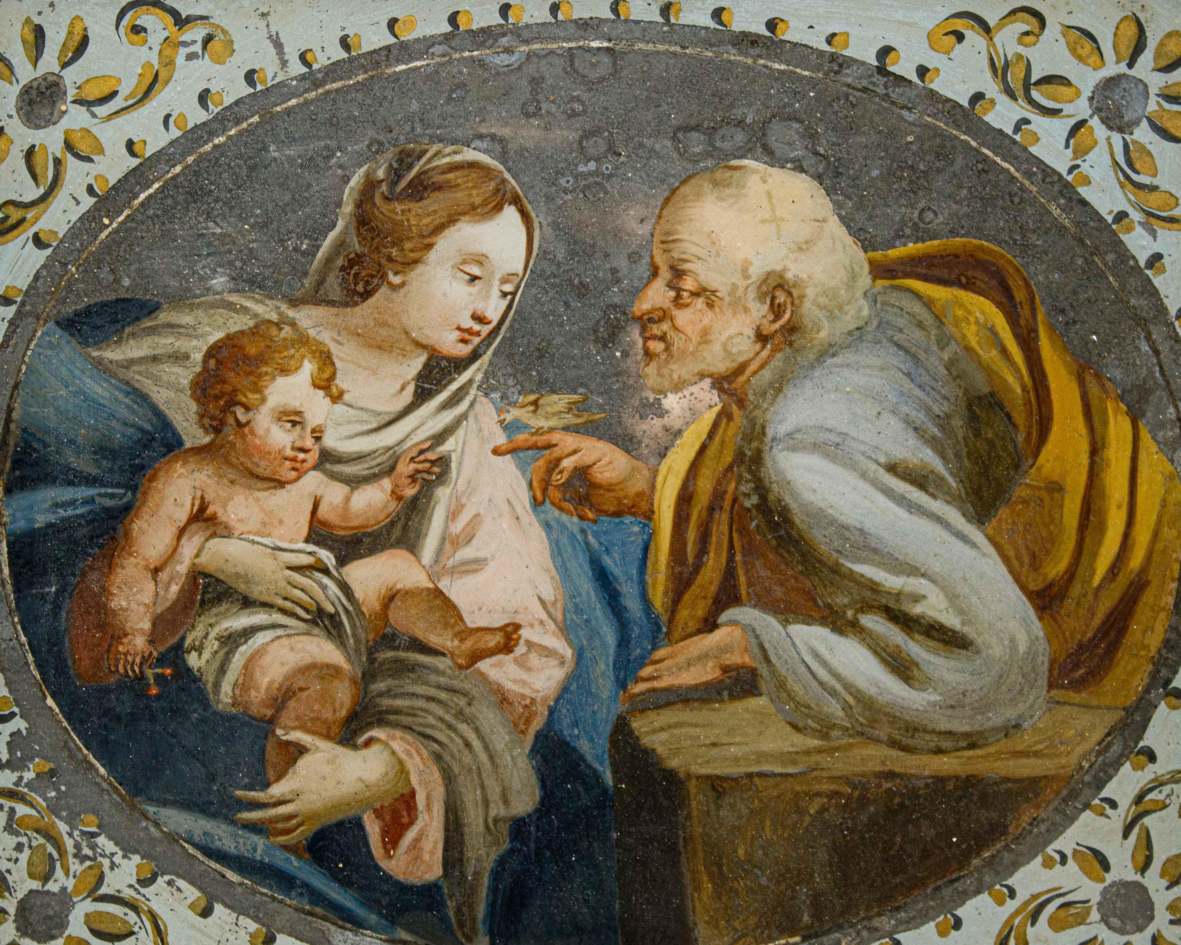 Anhänger von Simon Vouet (Paris, 1590 - 1649)

Die Heilige Familie mit Vogel

Öl auf Glas, cm 20,5 x 23,5; mit Rahmen cm 27,5 x 29,5

Das untersuchte kleine, auf Glas gemalte Gemälde, das in seinen Dimensionen typisch für die private Verehrung ist,