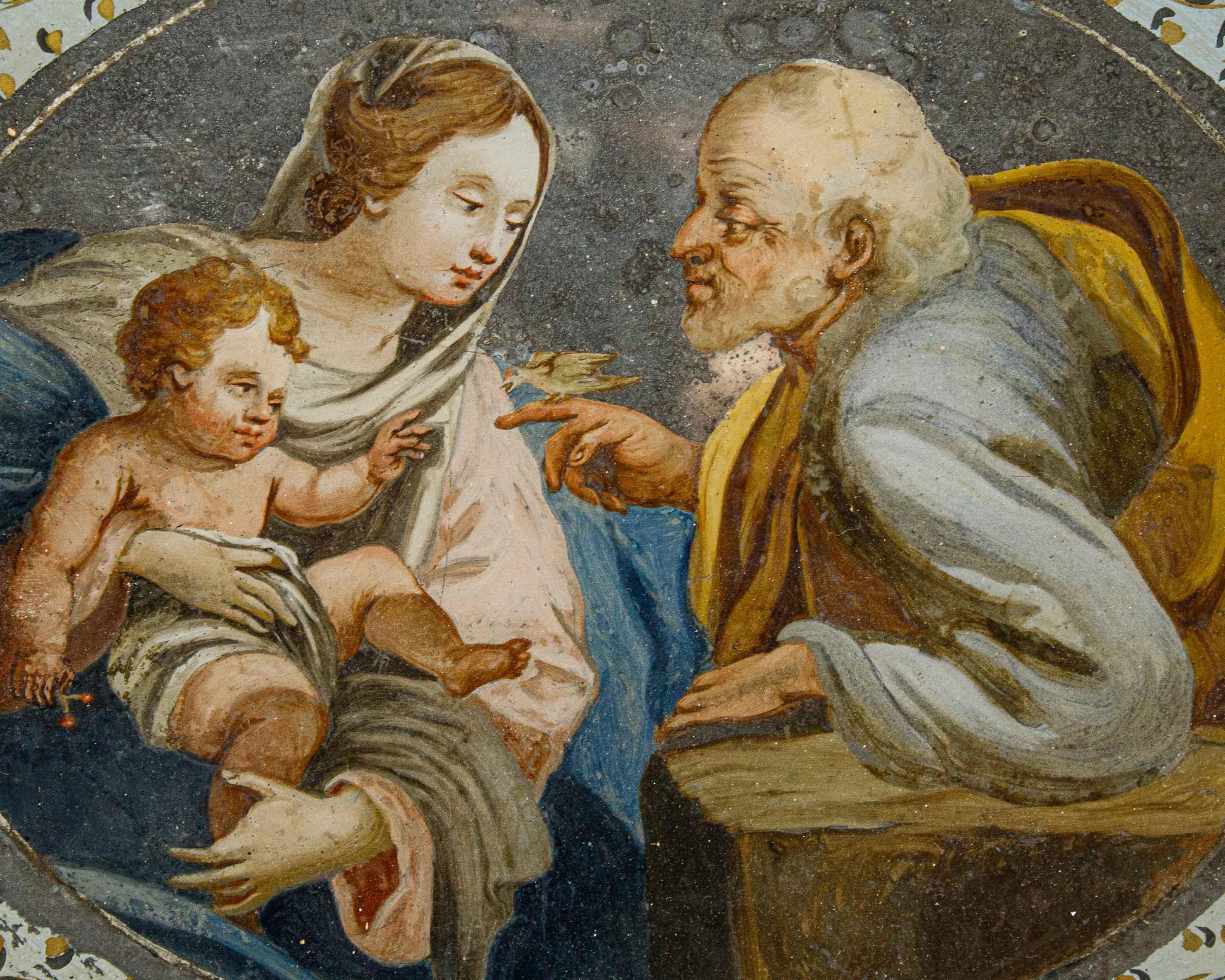 Heilige Familie des 17. Jahrhunderts mit Vogel, Öl auf Glas, Follower von Simon Vouet (Geölt) im Angebot