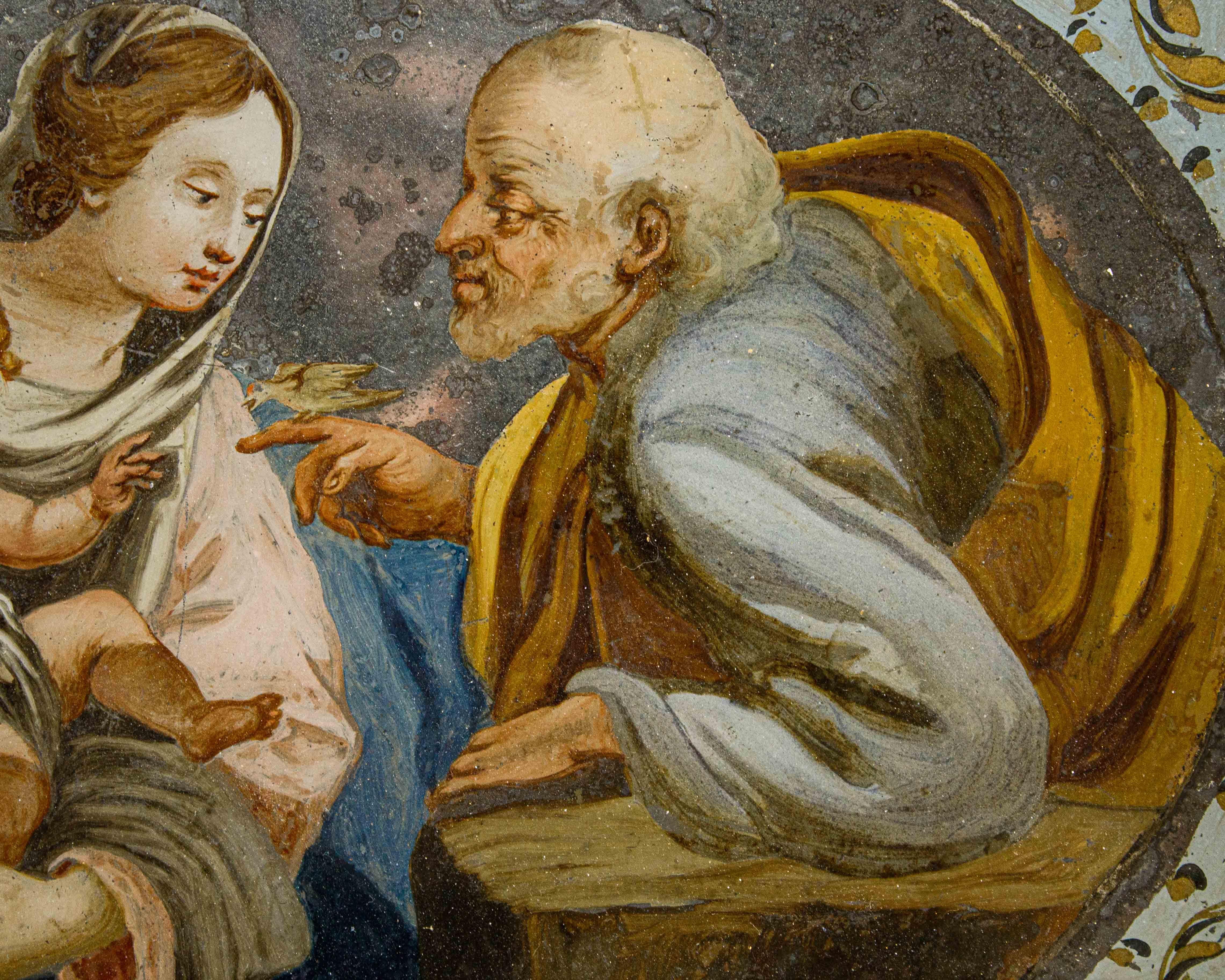 Oiled 17th Century Holy Family with Bird Oil on Glass Follower of Simon Vouet For Sale