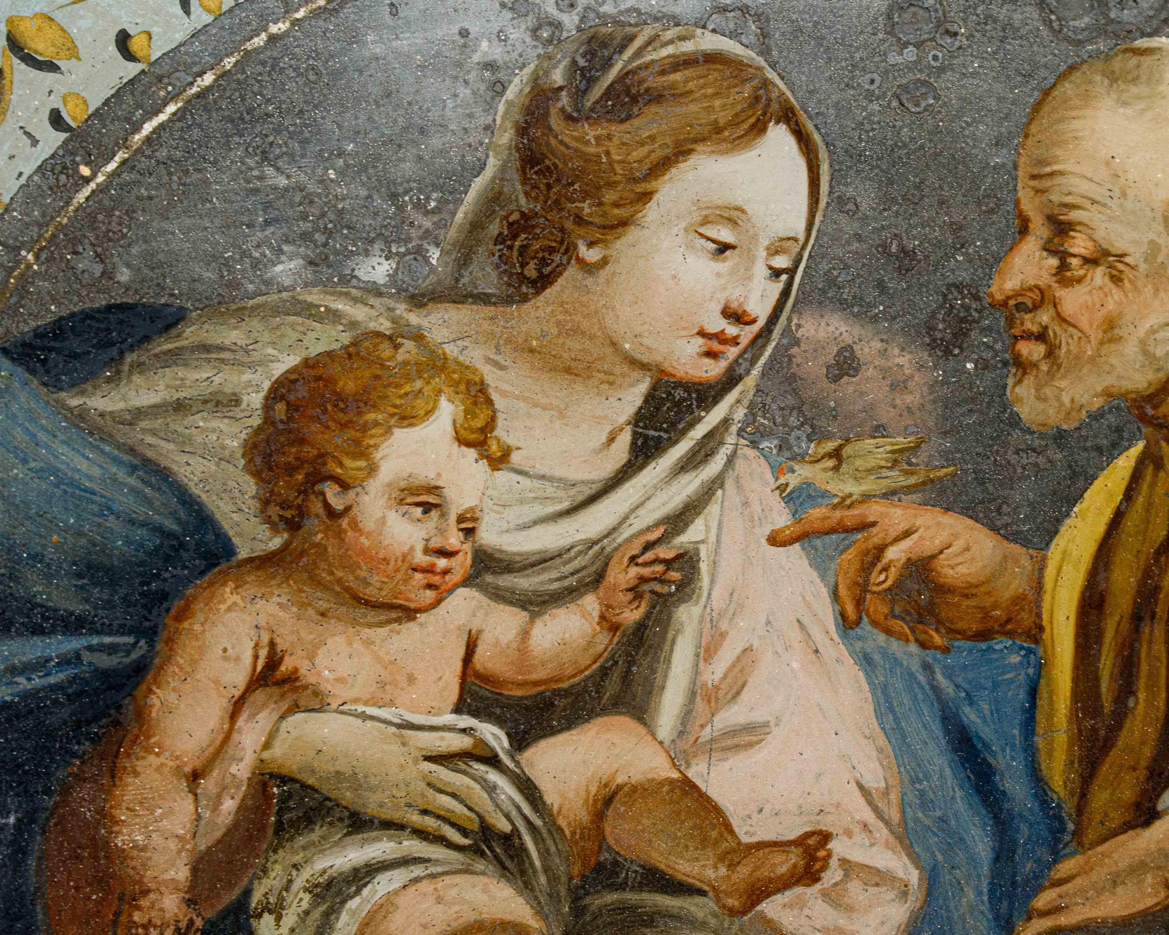 17th Century Holy Family with Bird Oil on Glass Follower of Simon Vouet For Sale 1