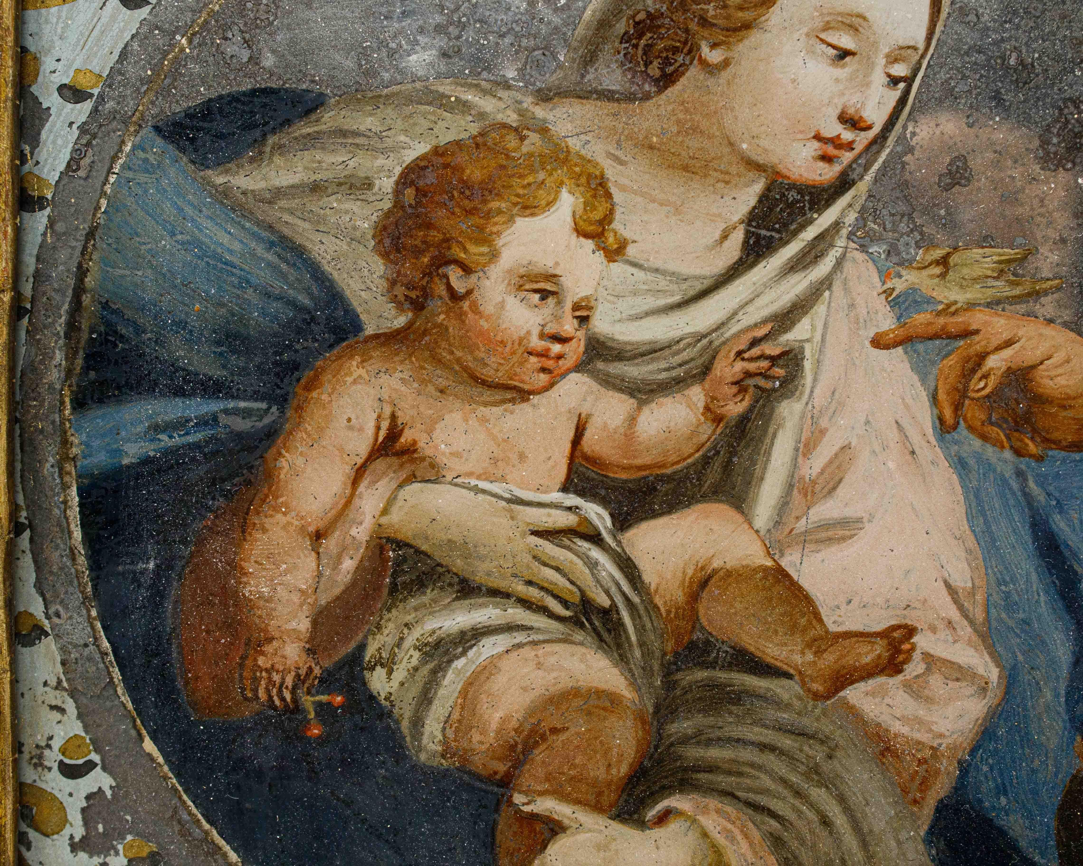 17th Century Holy Family with Bird Oil on Glass Follower of Simon Vouet For Sale 3