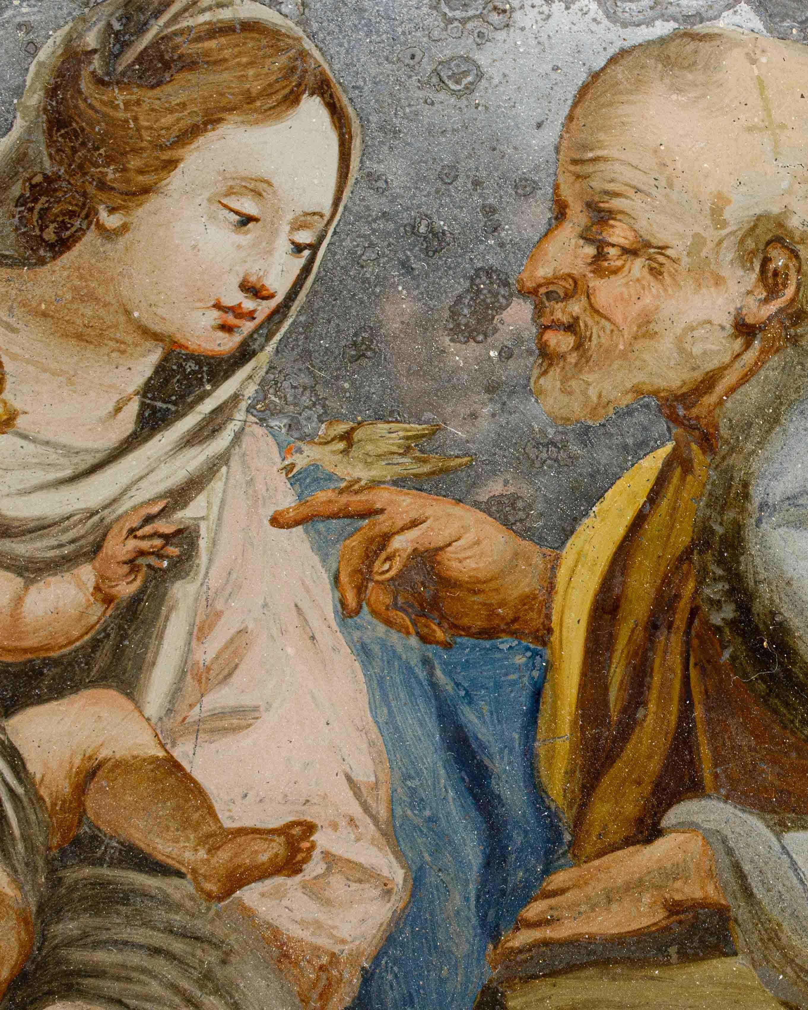 17th Century Holy Family with Bird Oil on Glass Follower of Simon Vouet For Sale 4