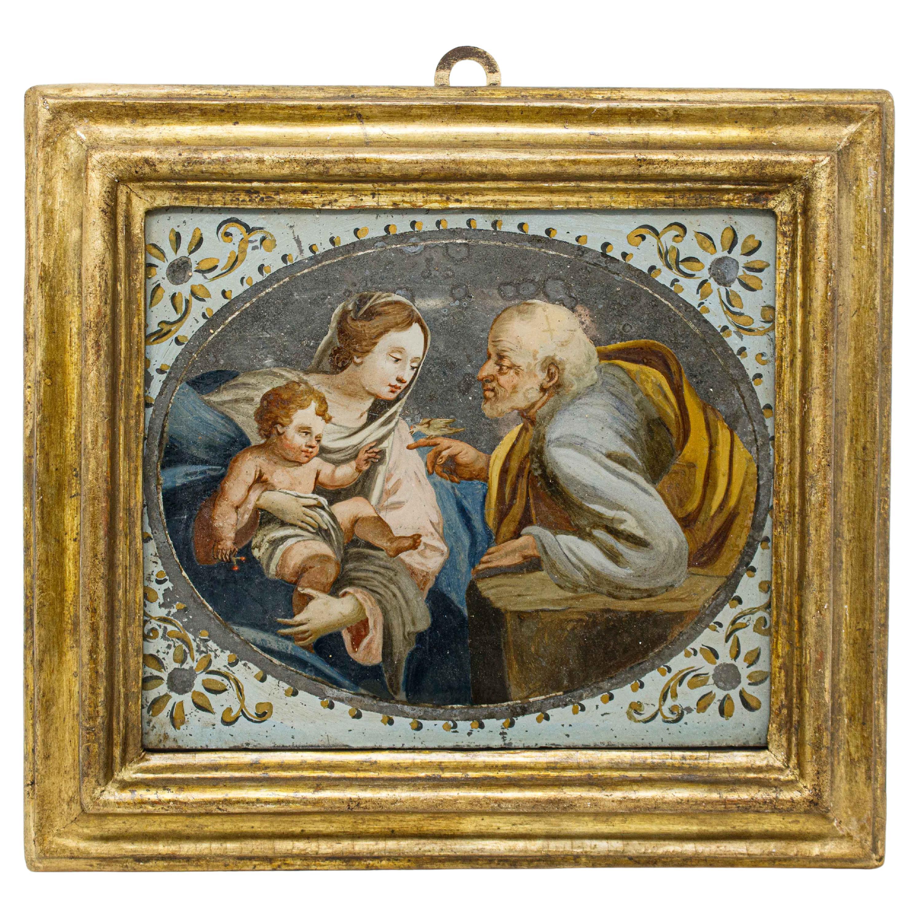 17th Century Holy Family with Bird Oil on Glass Follower of Simon Vouet For Sale