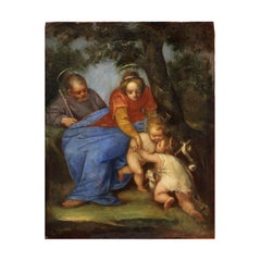 17th Century Holy Family with San Giovannino Painting Oil on Panel