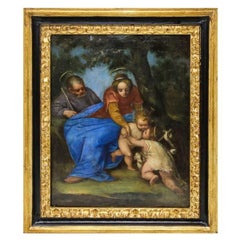 17th Century Holy Family with San Giovannino Painting Oil on Panel