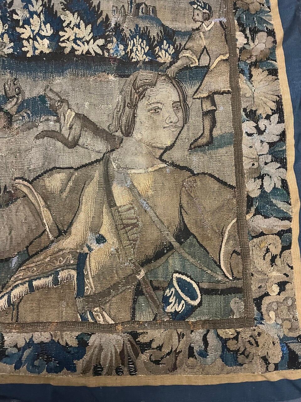 17th Century French Hunt Scene Handwoven Tapestry with some wear spots as shown in the pictures