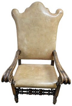 17th Century Iberian Baroque Walnut Armchair, Leather Upholstery with Brass Nail