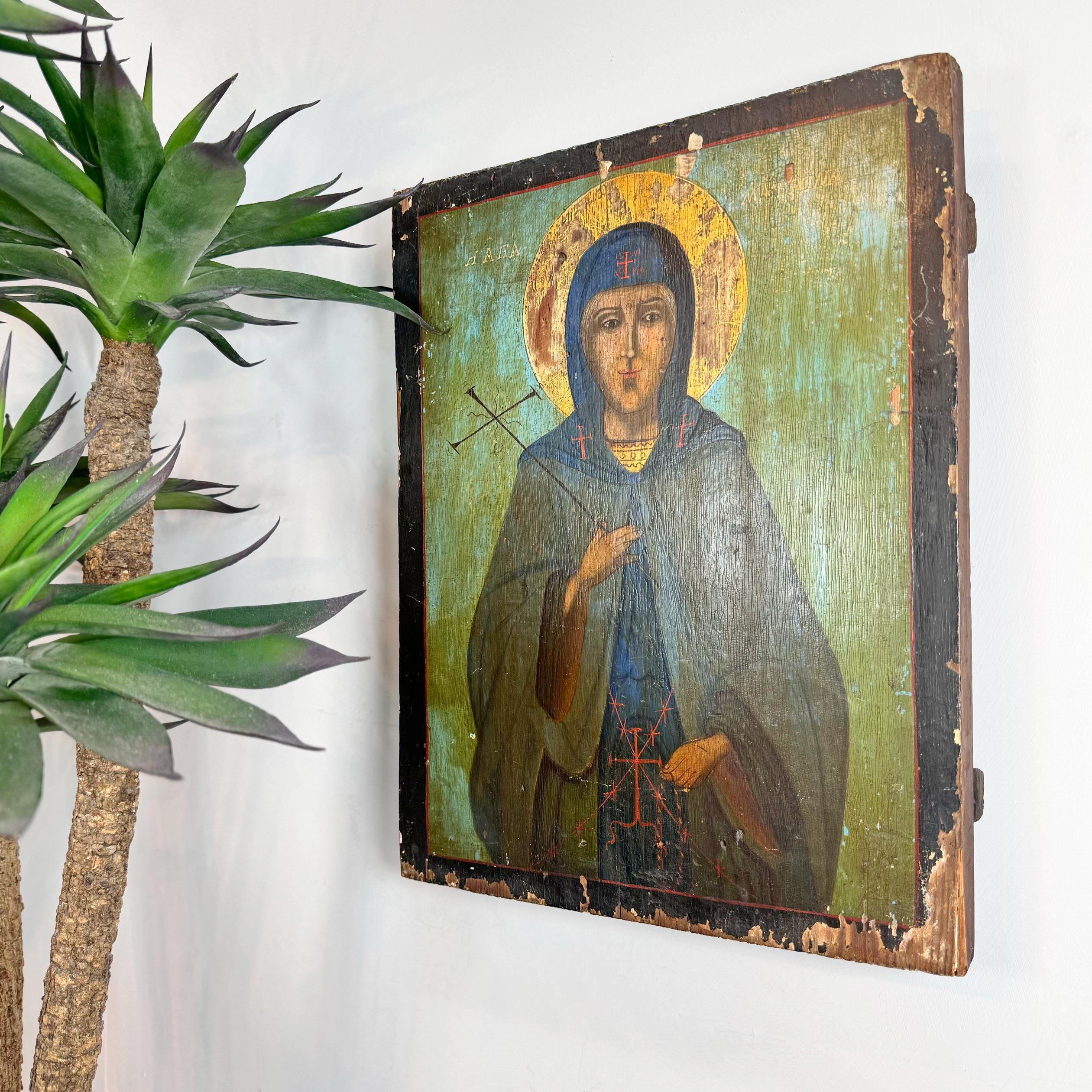 Greek 17th Century Icon on Board of Saint Matrona For Sale