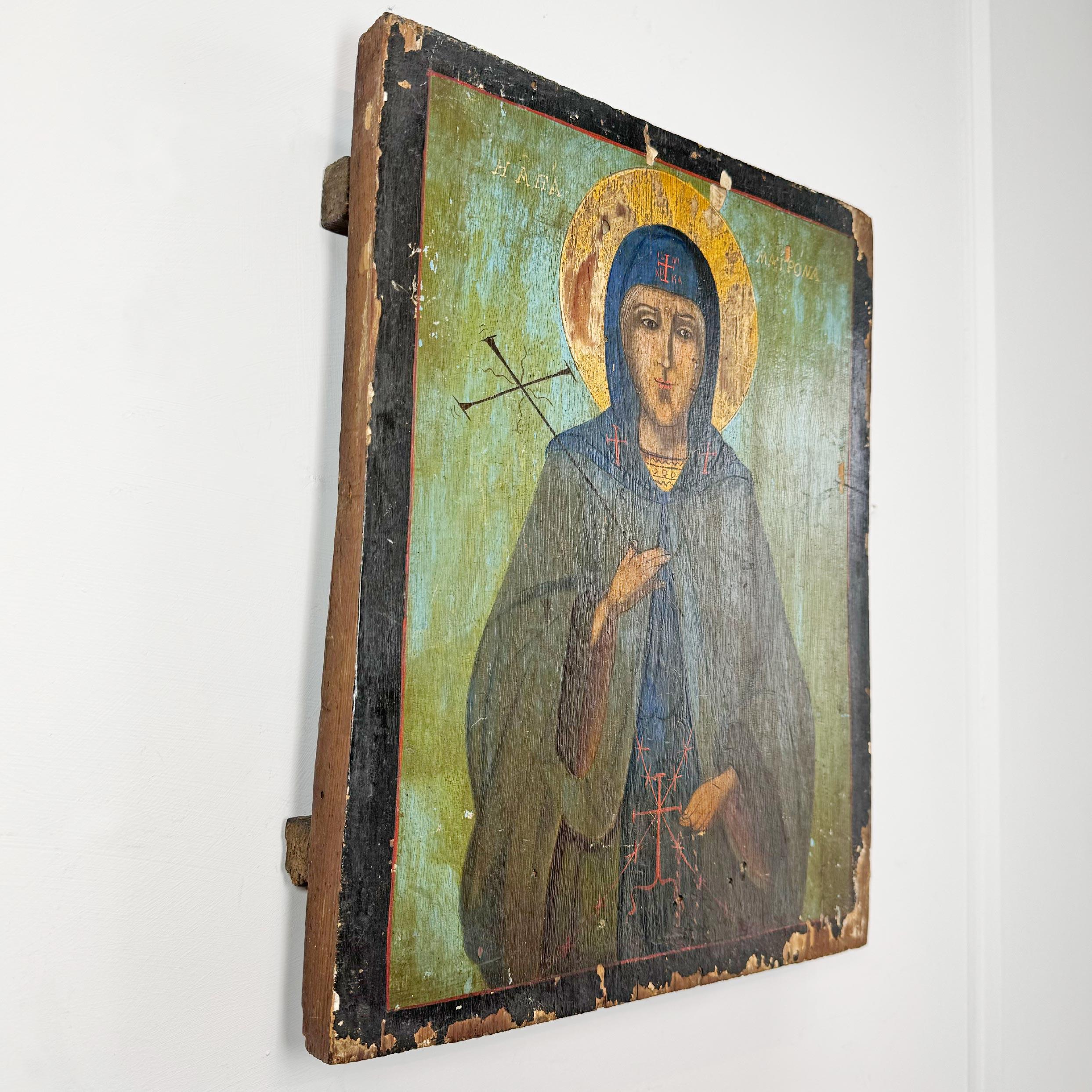 Wood 17th Century Icon on Board of Saint Matrona For Sale