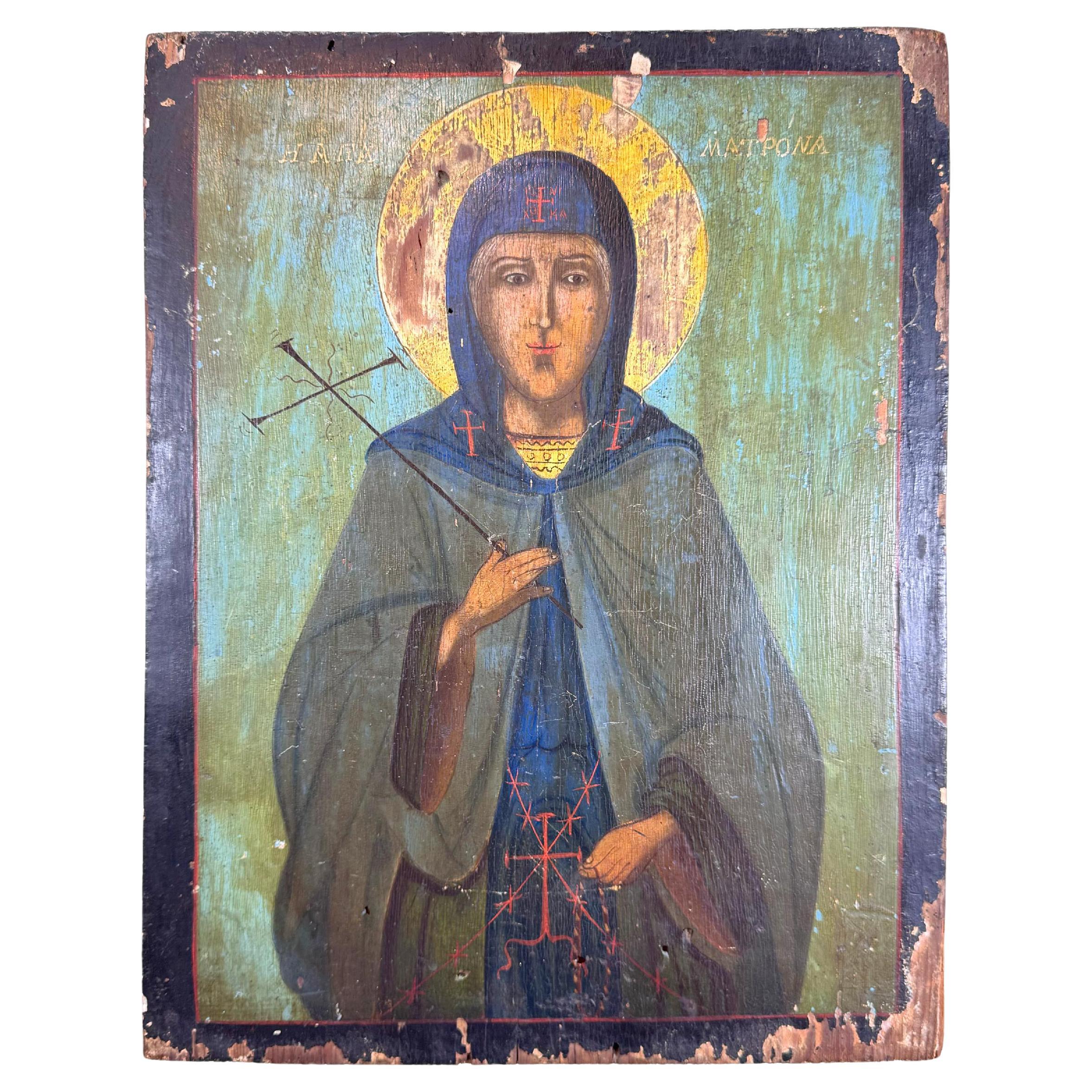 17th Century Icon on Board of Saint Matrona For Sale