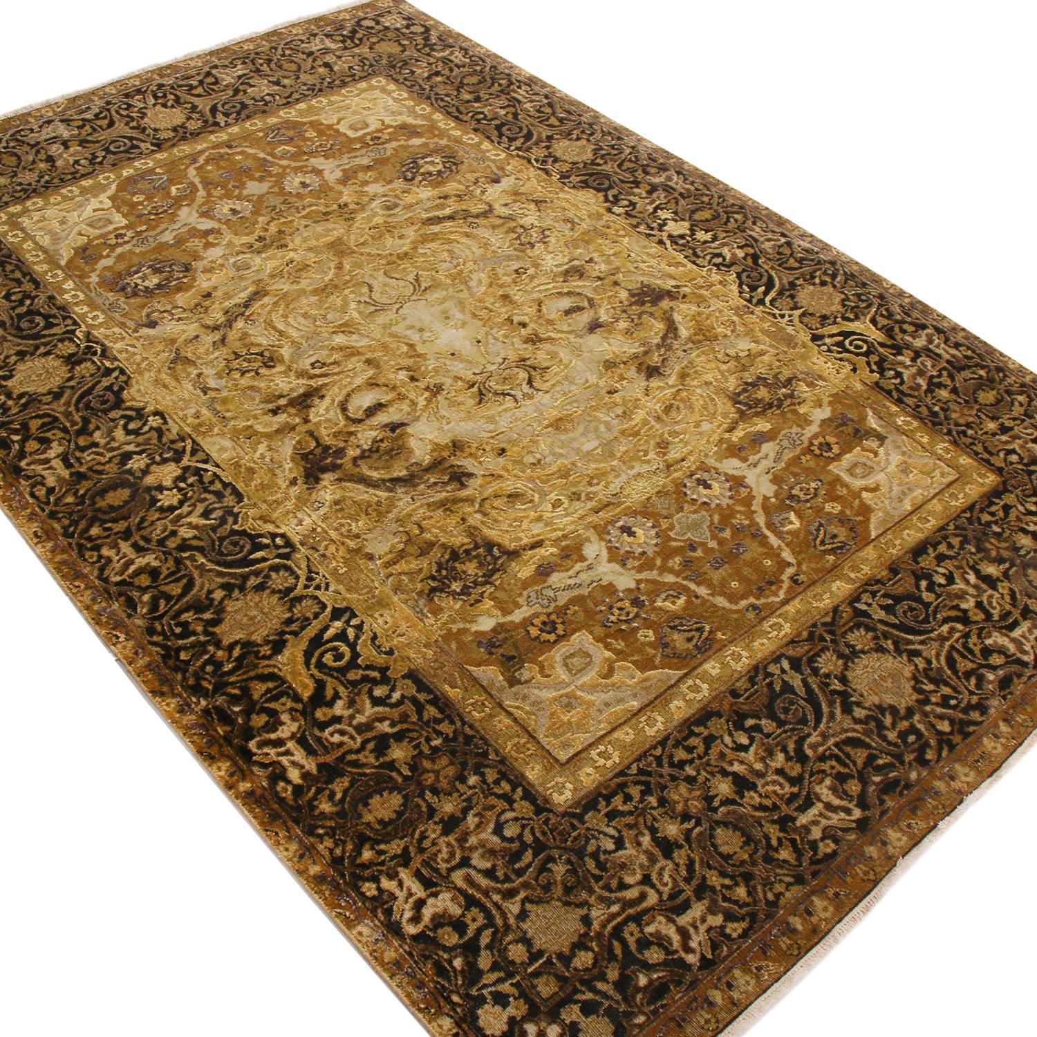 Indian Rug & Kilim's 17th Century, Inspired Black and Gold Wool and Silk Rug For Sale