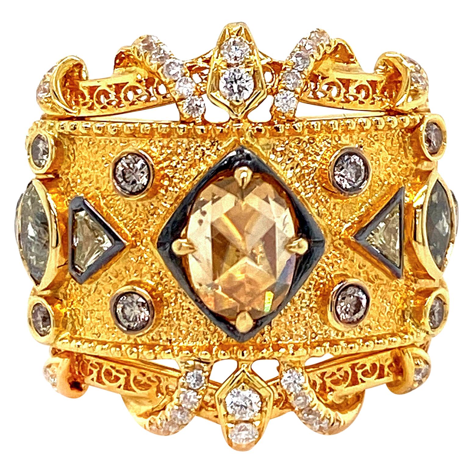 17th Century Inspired Fancy Color and White Diamond Ring in 18 Karat Gold