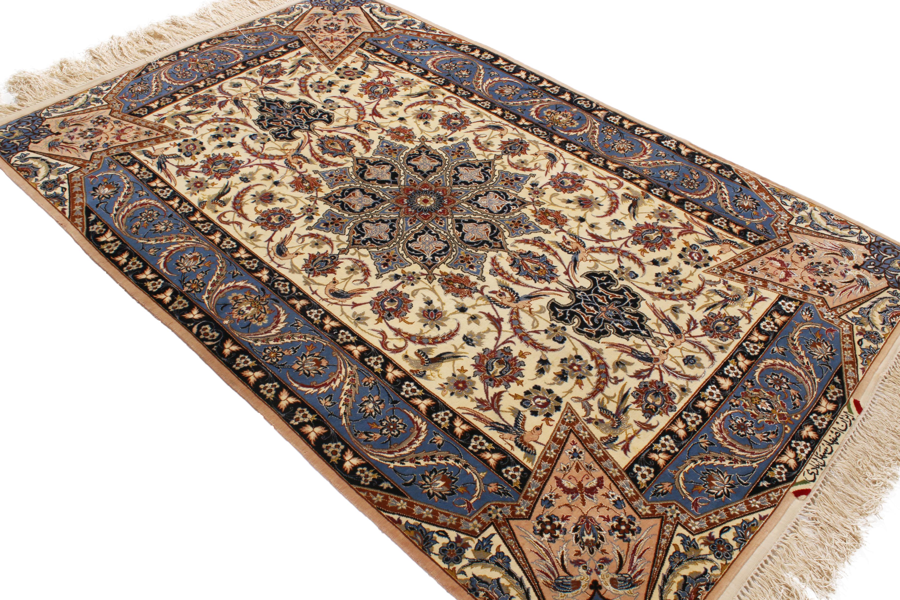 Hand-Knotted 17th Century Inspired Vintage Isfahan Beige and Blue Wool and Silk Persian Rug
