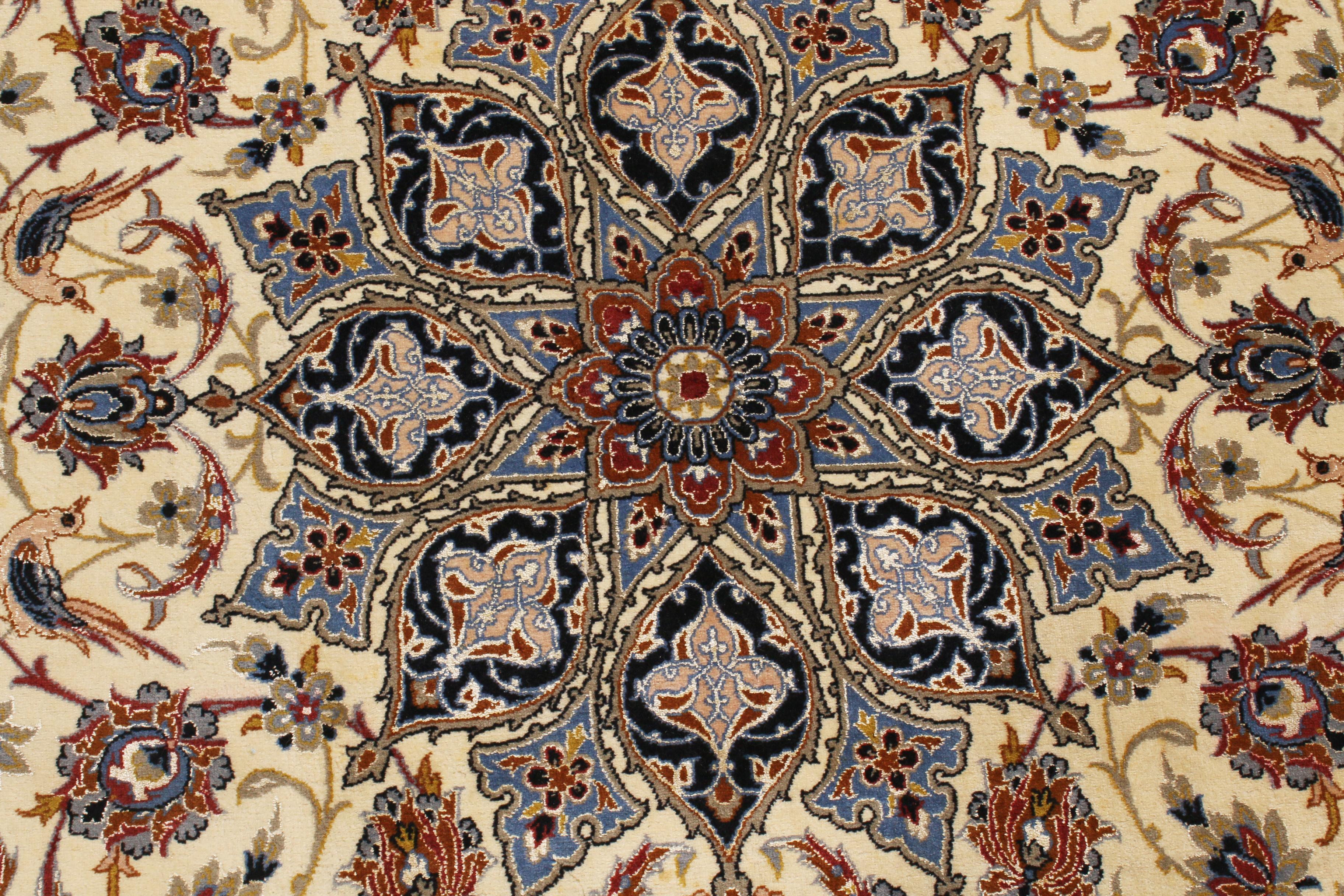 17th Century Inspired Vintage Isfahan Beige and Blue Wool and Silk Persian Rug In Good Condition In Long Island City, NY