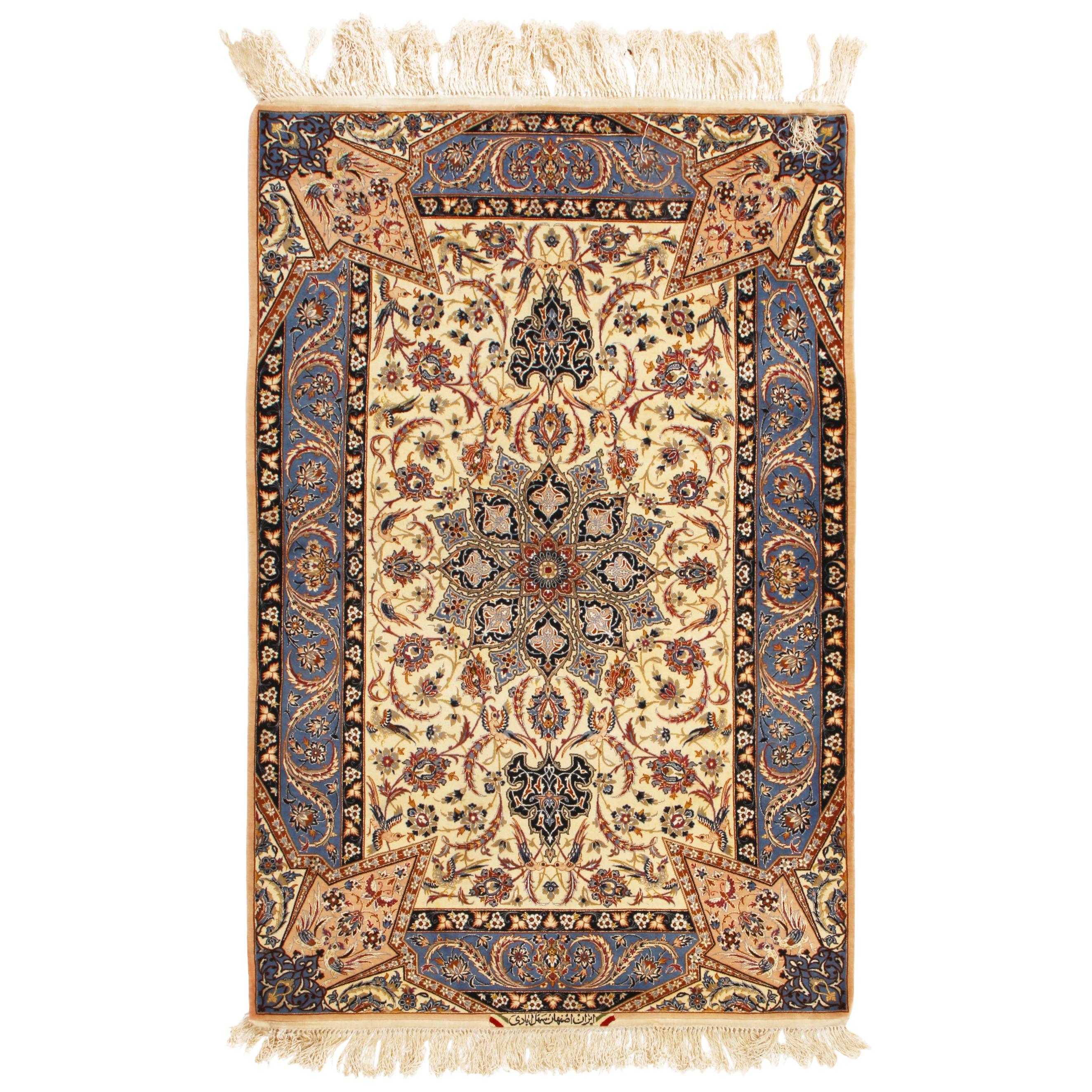 17th Century Inspired Vintage Isfahan Beige and Blue Wool and Silk Persian Rug