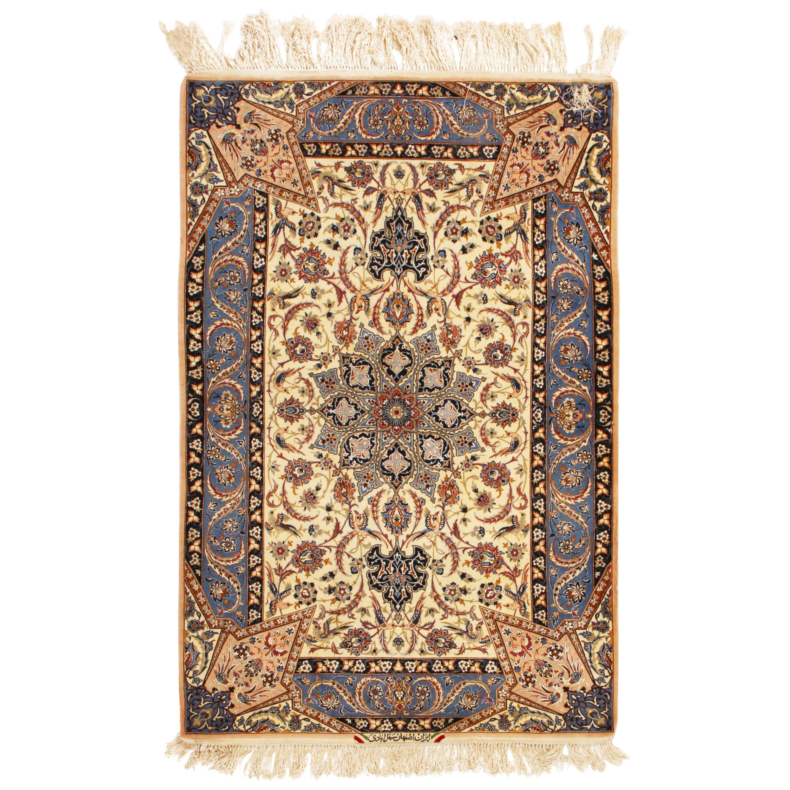 17th Century Vintage Isfahan Beige Blue Wool and Silk Persian Rug by Rug & Kilim For Sale