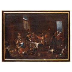 17th Century Interior Scene Painting Oil on Canvas Attributed by Helmbreker