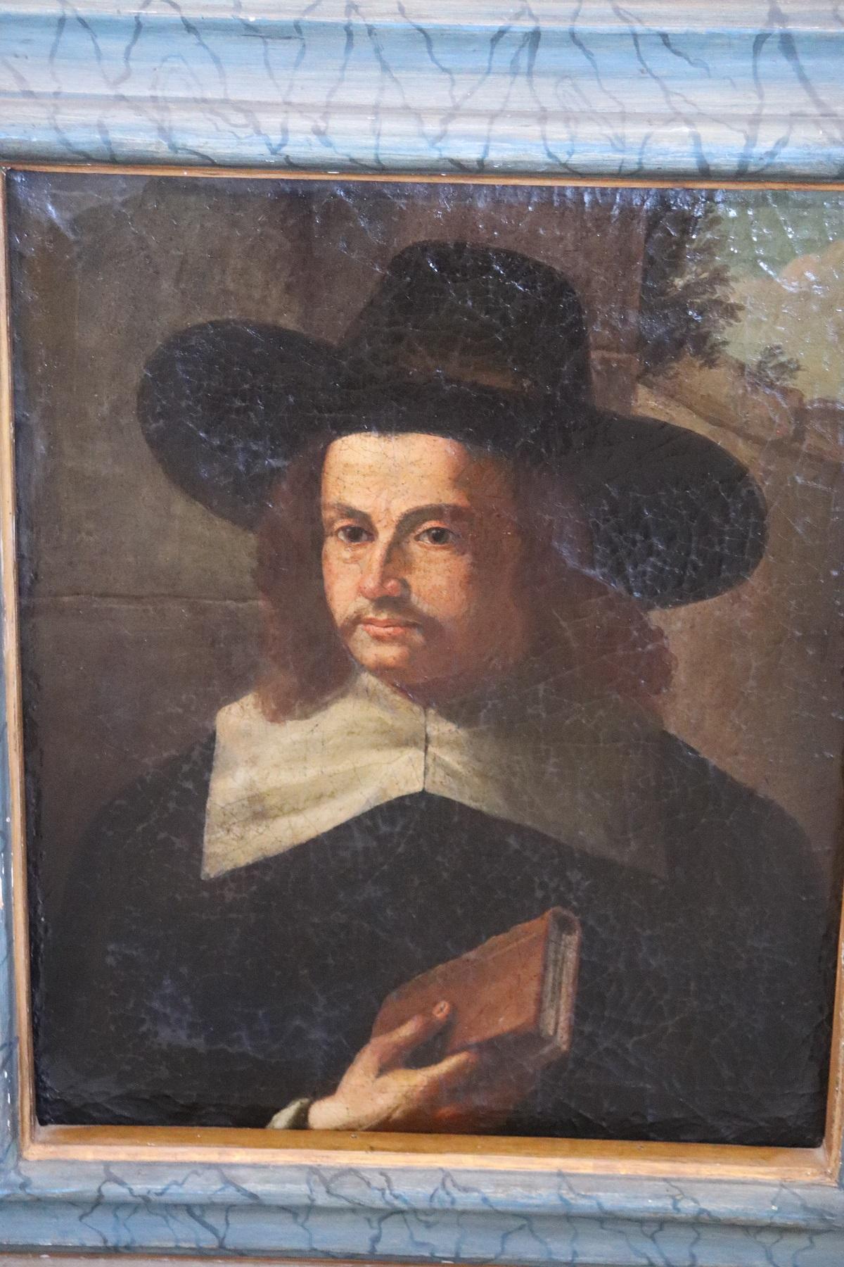 Oiled 17th Century Italian Antique Oil Painting on Canvas Portrait of a Gentleman For Sale