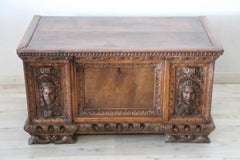17th Century Italian Antique Small Blanket Chest in Hand Carved Walnut