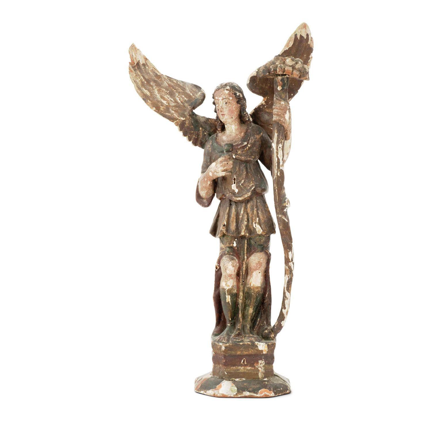 17th century Italian Archangel Michael santo statue, hand-carved circa 1650-1680. Retains much of its original paint and color. Gorgeous patina and details. Nice substantial proportions.