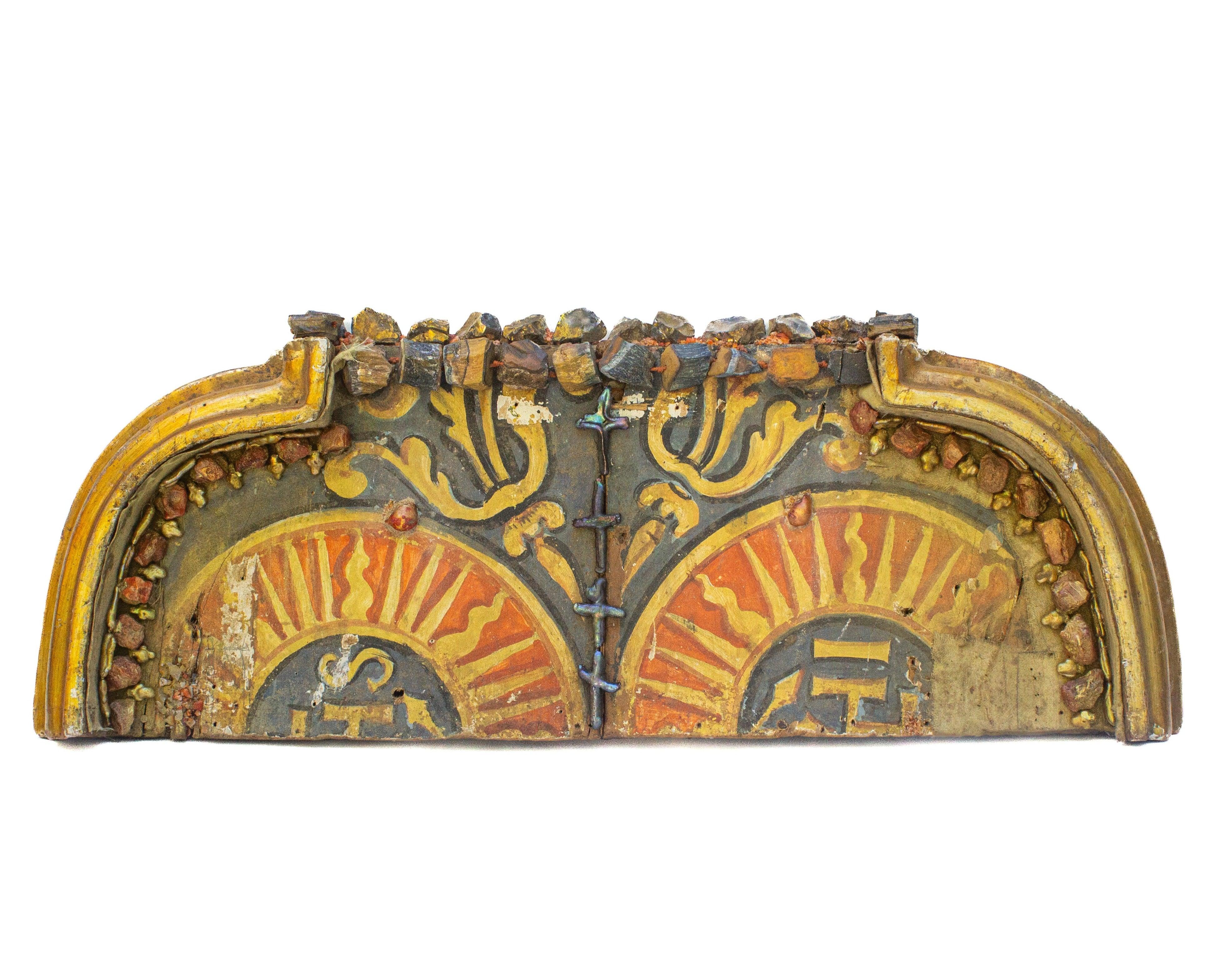 17th century Italian hand-painted ecclesiastical architectural element adorned with carnelian pebbles, gold-plated crystals, blue and yellow raw agate, and baroque pearls.

The fragment artifact came from the interior of a church altar and it was