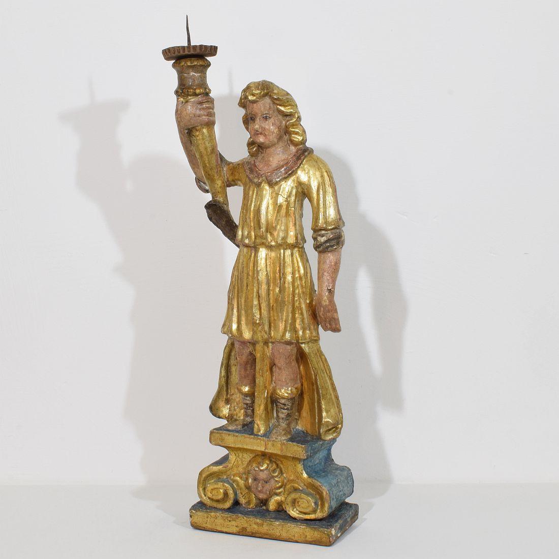 Hand-Carved 17th Century Italian Baroque Angel Figure with Candleholder For Sale