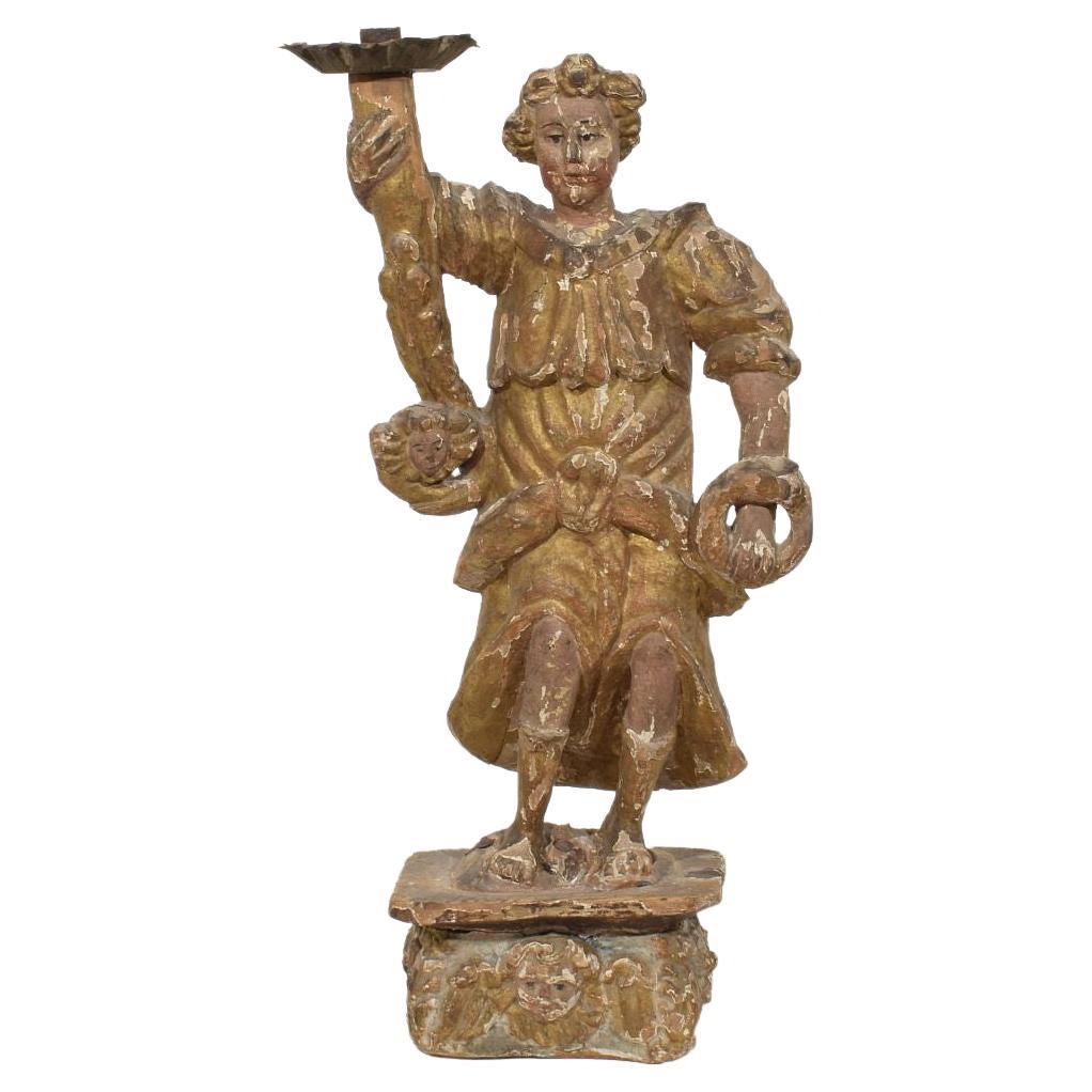 Figure d
ange baroque italienne du 17ème siècle avec bougeoir en vente
