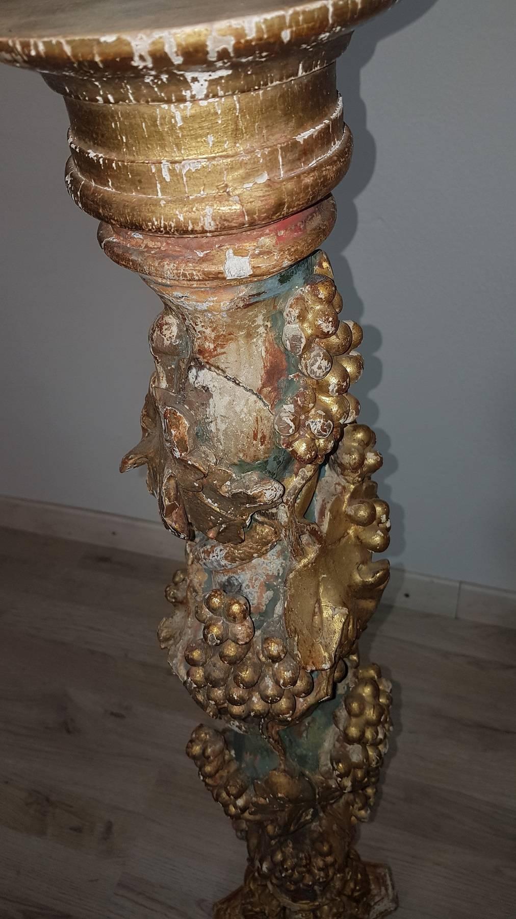 17th Century Italian Baroque Carved Lacquered Golden Wood Column 1