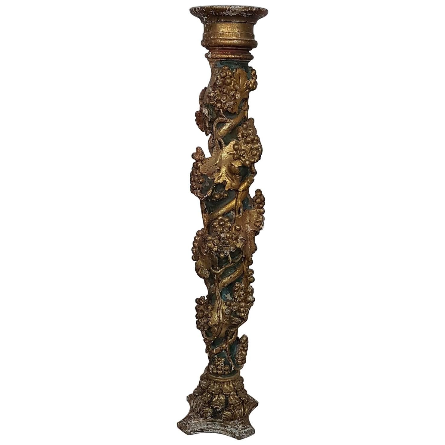 17th Century Italian Baroque Carved Lacquered Golden Wood Column