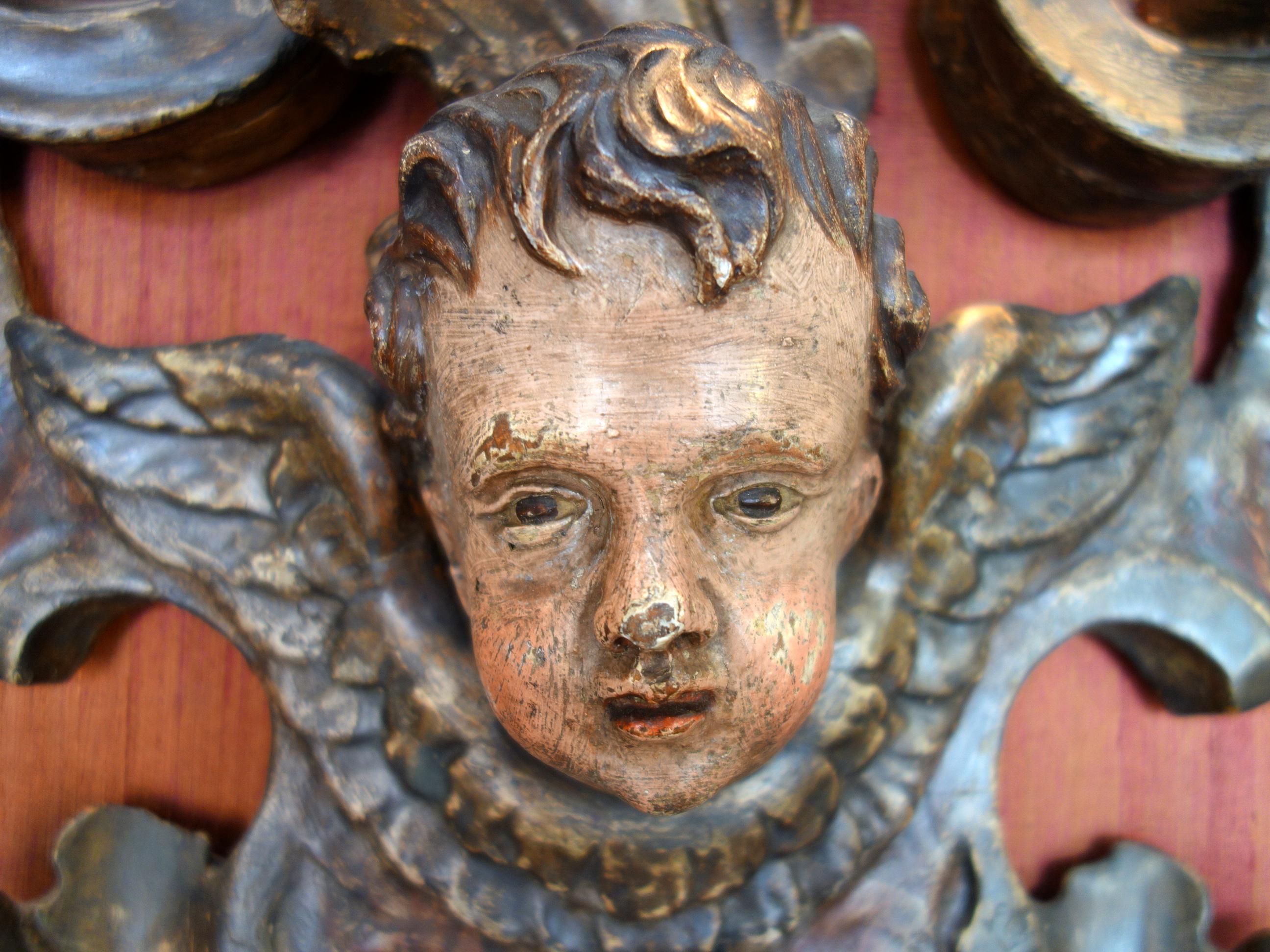 17th Century Italian Baroque Carved & Polychrome Painted Putto Lintel Headboard For Sale 5
