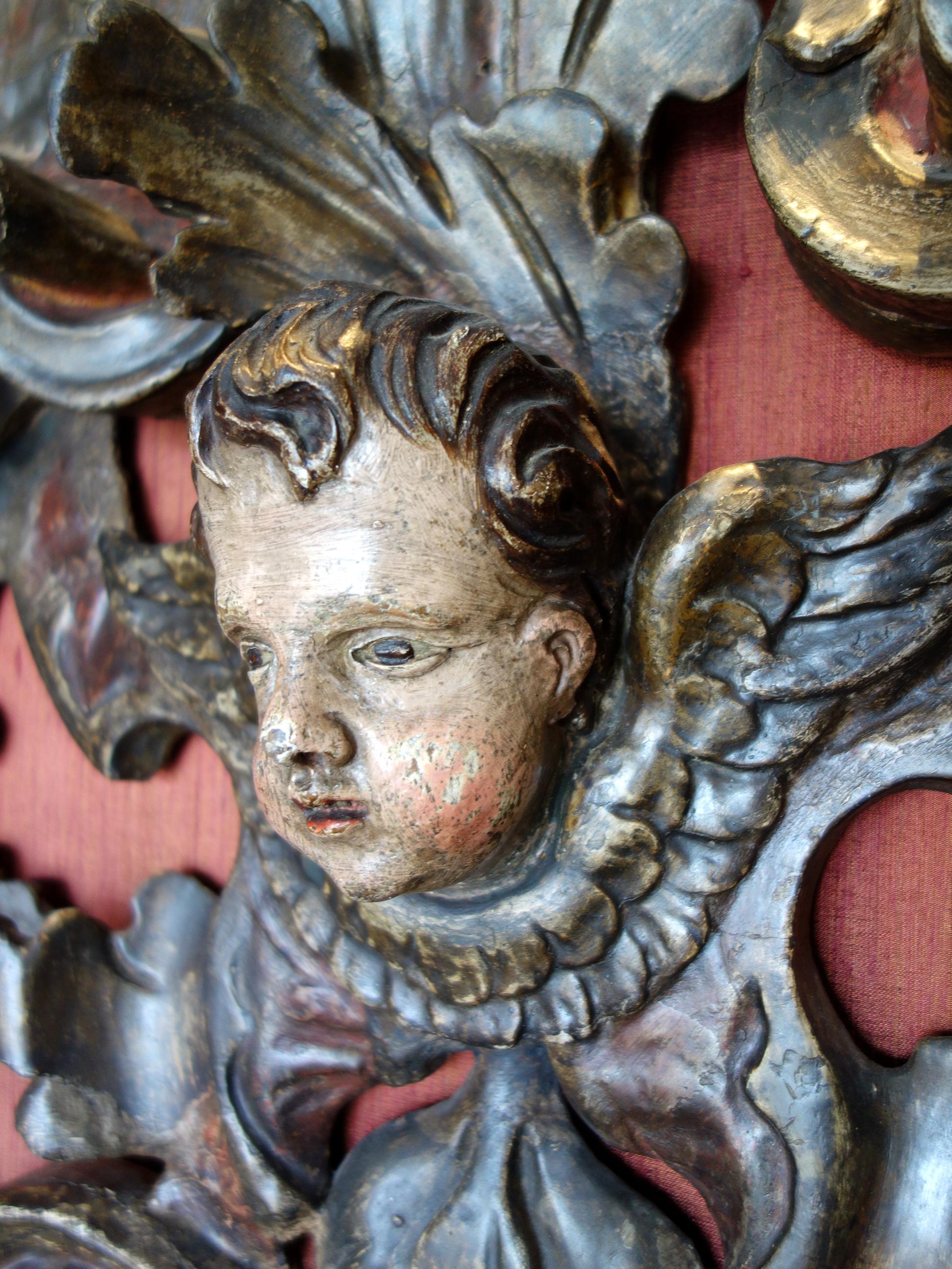 17th Century Italian Baroque Carved & Polychrome Painted Putto Lintel Headboard For Sale 7