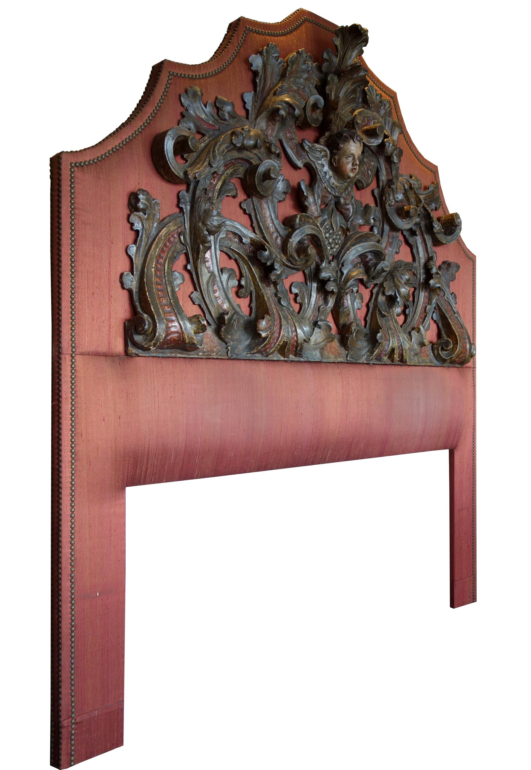 17th Century Italian Baroque Carved & Polychrome Painted Putto Lintel Headboard In Good Condition For Sale In Encinitas, CA