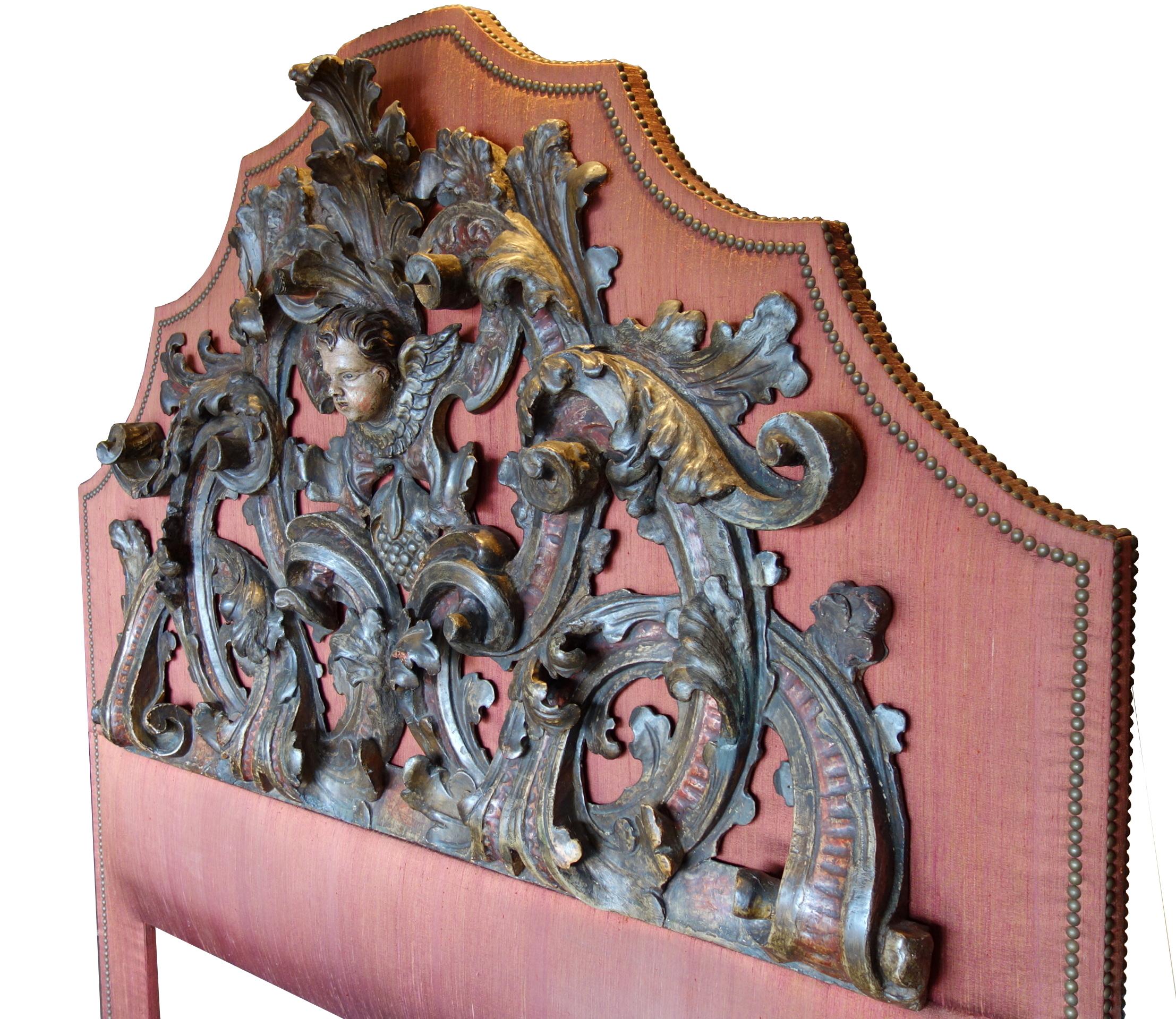 Wood 17th Century Italian Baroque Carved & Polychrome Painted Putto Lintel Headboard For Sale