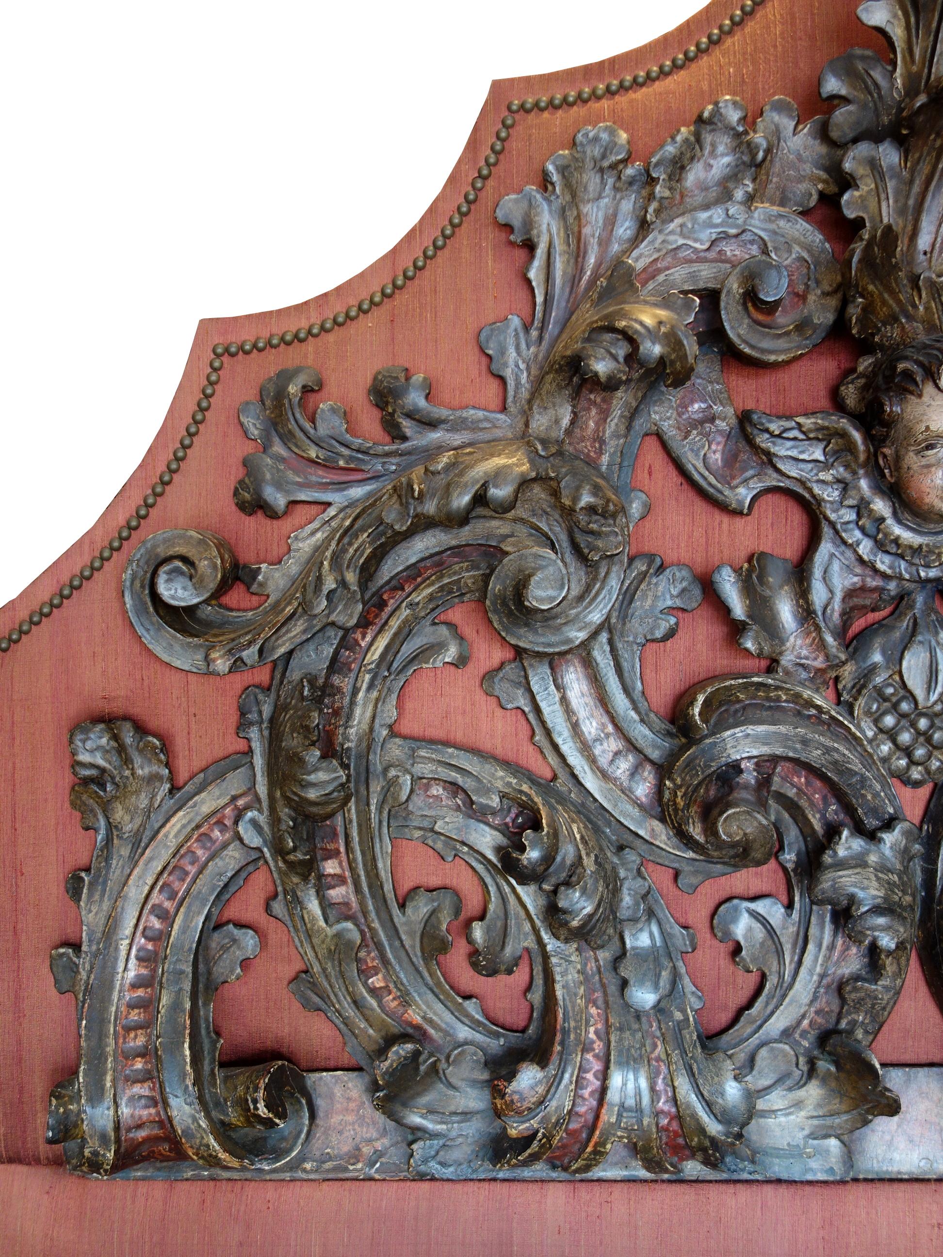 17th Century Italian Baroque Carved & Polychrome Painted Putto Lintel Headboard For Sale 1