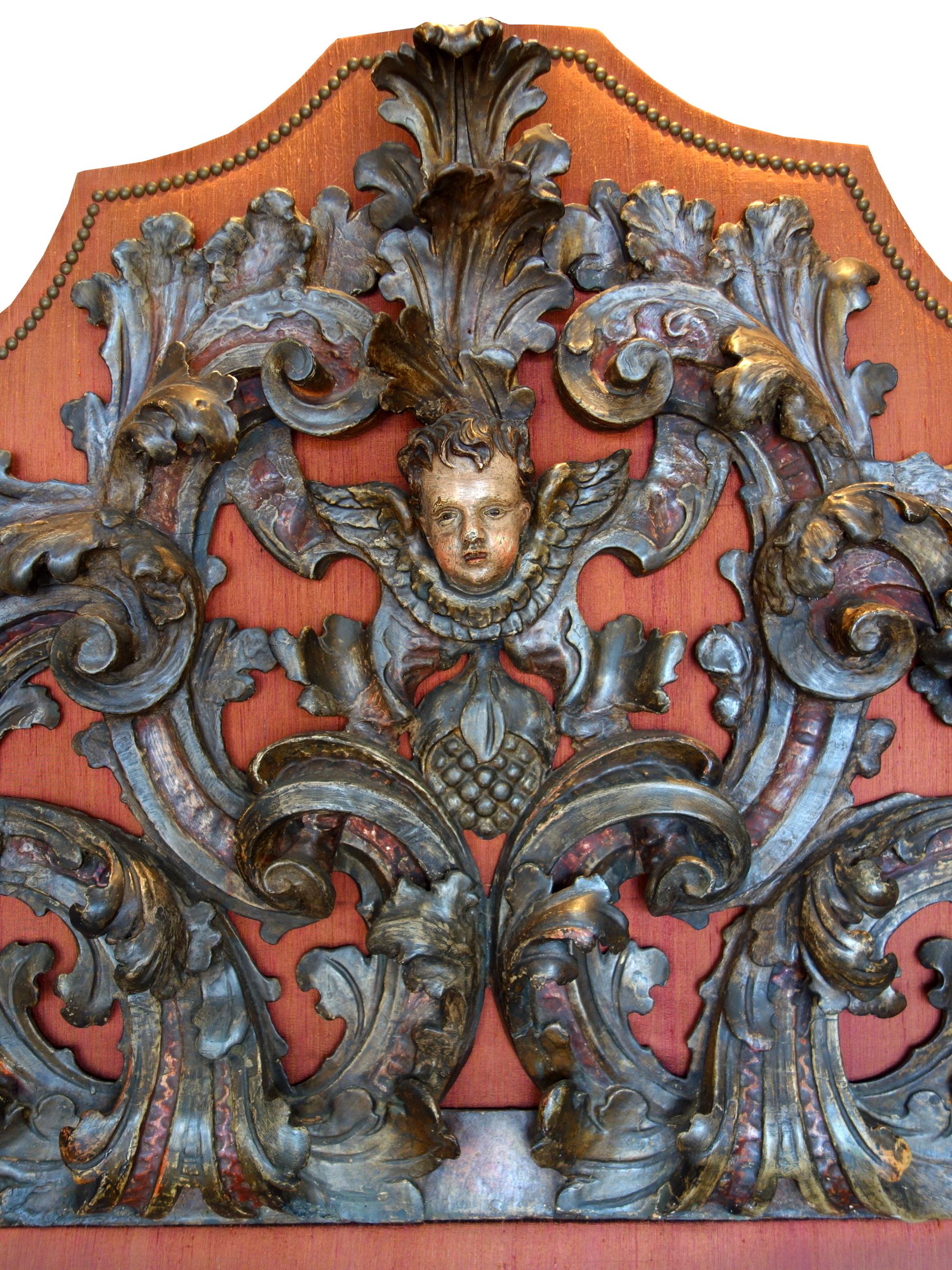 17th Century Italian Baroque Carved & Polychrome Painted Putto Lintel Headboard For Sale 2