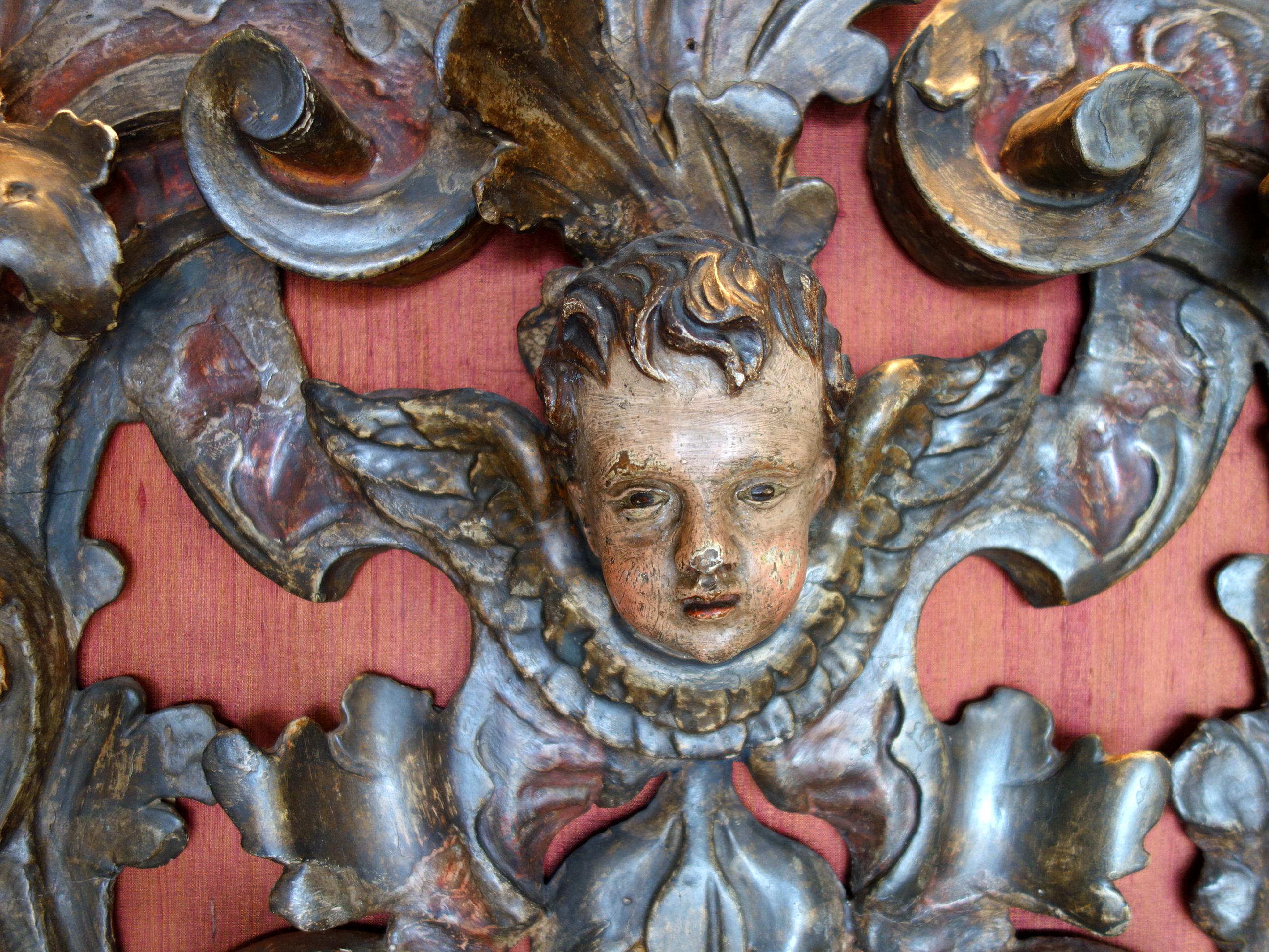 17th Century Italian Baroque Carved & Polychrome Painted Putto Lintel Headboard For Sale 4